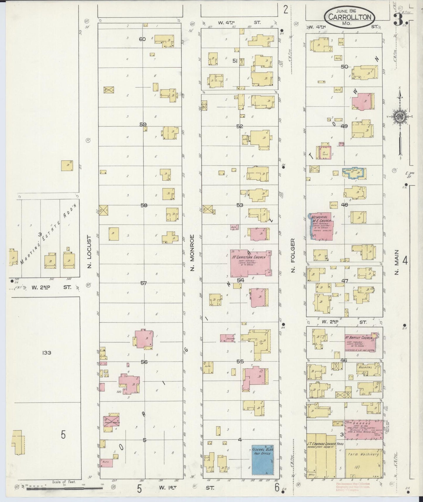 Sanborn Fire Insurance Map from Carrollton, Carroll County, Missouri (1916), Sheet #0003 - Historic Sanborn Fire Insurance Map Print, vintage old map wall art, antique decor, genealogy gift, Missouri Missouri map