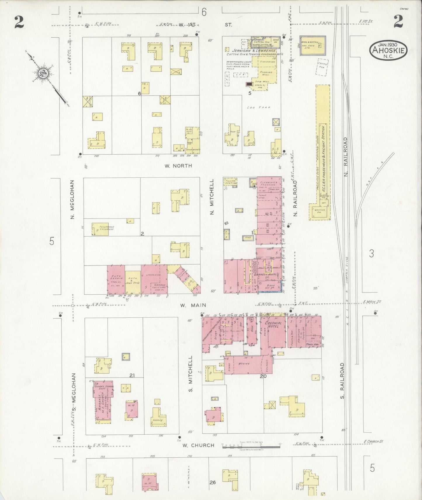 Sanborn Fire Insurance Map from Ahoskie, Hertford County, North Carolina (1930), Sheet #0002 - Historic Sanborn Fire Insurance Map Print, vintage old map wall art, antique decor, genealogy gift, North Carolina North Carolina map