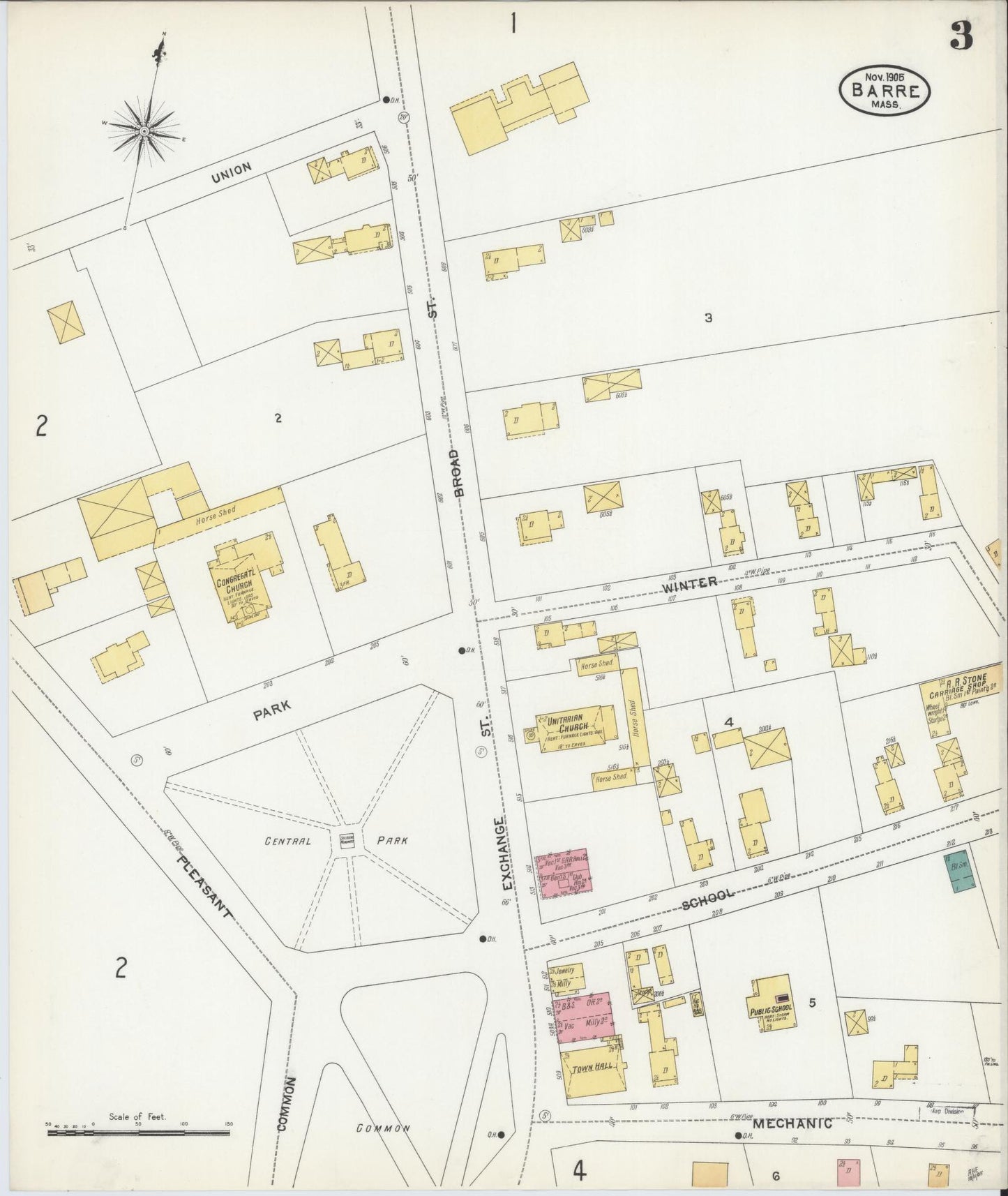 Sanborn Fire Insurance Map from Barre, Worcester County, Massachusetts (1905), Sheet #0003 - Historic Sanborn Fire Insurance Map Print, vintage old map wall art, antique decor, genealogy gift, Massachusetts Massachusetts map