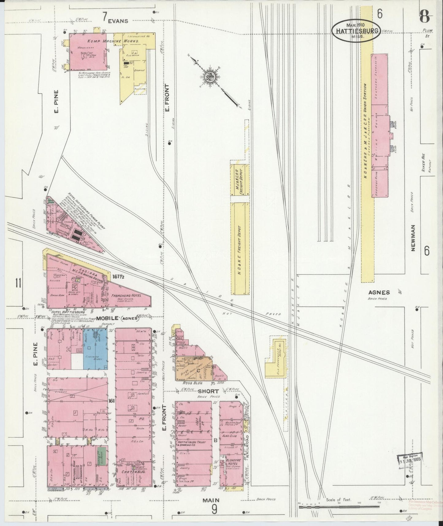 Sanborn Fire Insurance Map from Hattiesburg, Forrest County, Mississippi (1910), Sheet #0008 - Historic Sanborn Fire Insurance Map Print, vintage old map wall art, antique decor, genealogy gift, Mississippi Mississippi map