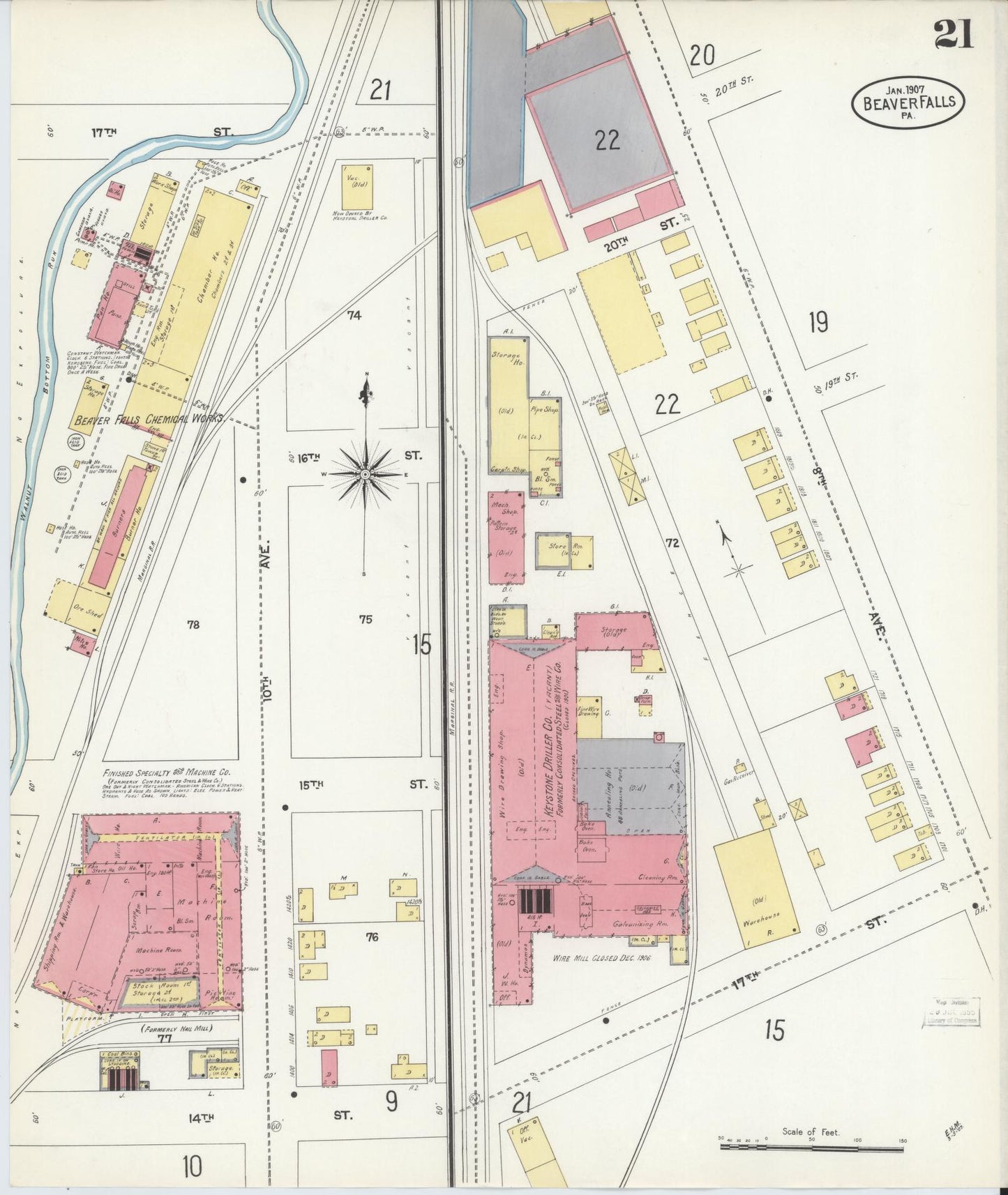 Sanborn Fire Insurance Map from Beaver Falls, Beaver County, Pennsylvania (1907), Sheet #0021 - Historic Sanborn Fire Insurance Map Print, vintage old map wall art, antique decor, genealogy gift, Pennsylvania Pennsylvania map