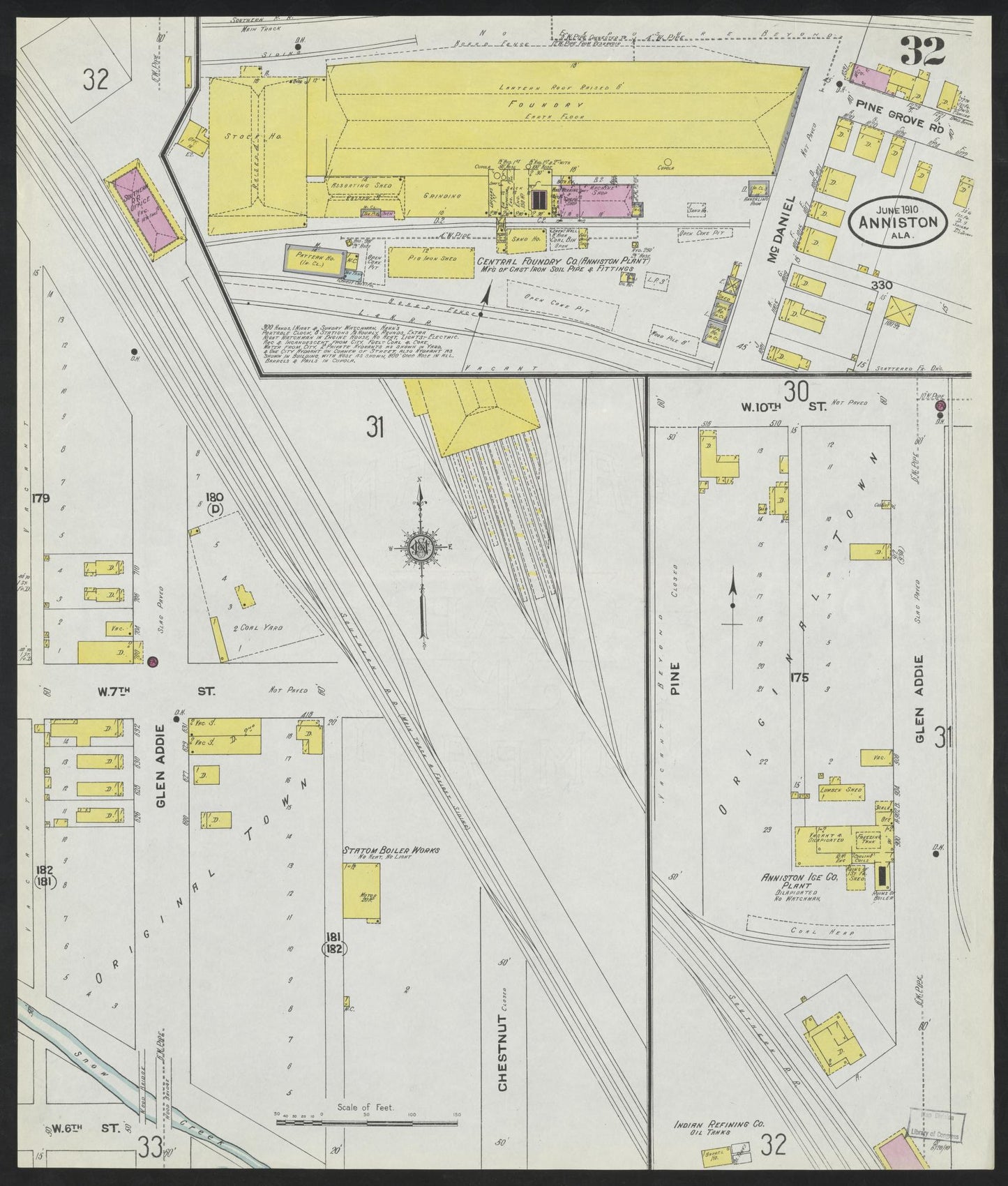Sanborn Fire Insurance Map from Anniston, Calhoun County, Alabama (1910), Sheet #0032 - Historic Sanborn Fire Insurance Map Print, vintage old map wall art, antique decor, genealogy gift, Alabama Alabama map