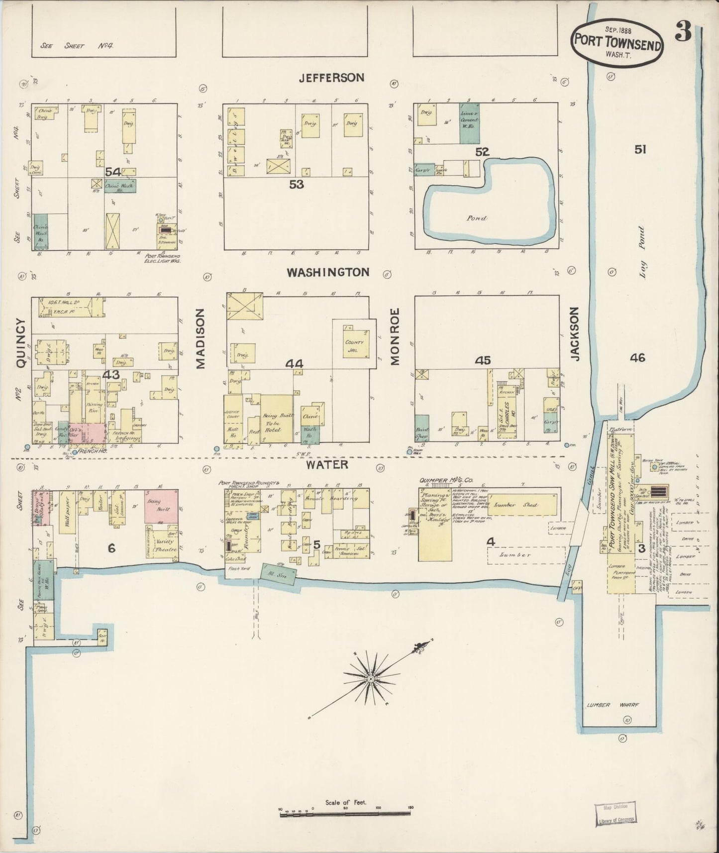 Sanborn Fire Insurance Map from Port Townsend, Jefferson County, Washington (1888), Sheet #0003 - Historic Sanborn Fire Insurance Map Print, vintage old map wall art, antique decor, genealogy gift, Washington Washington map