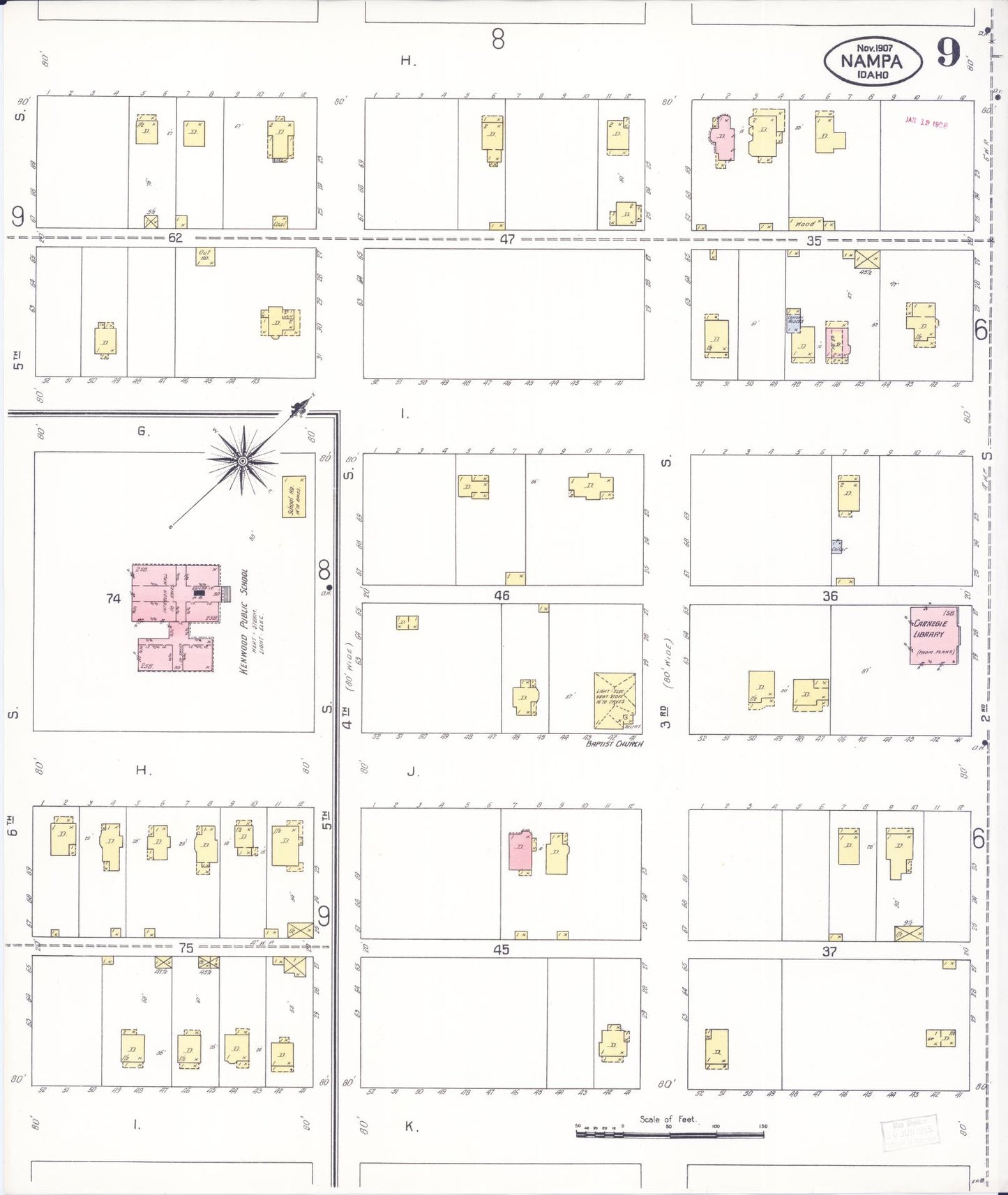 Sanborn Fire Insurance Map from Nampa, Canyon County, Idaho (1907), Sheet #0009 - Historic Sanborn Fire Insurance Map Print, vintage old map wall art, antique decor, genealogy gift, Idaho Idaho map