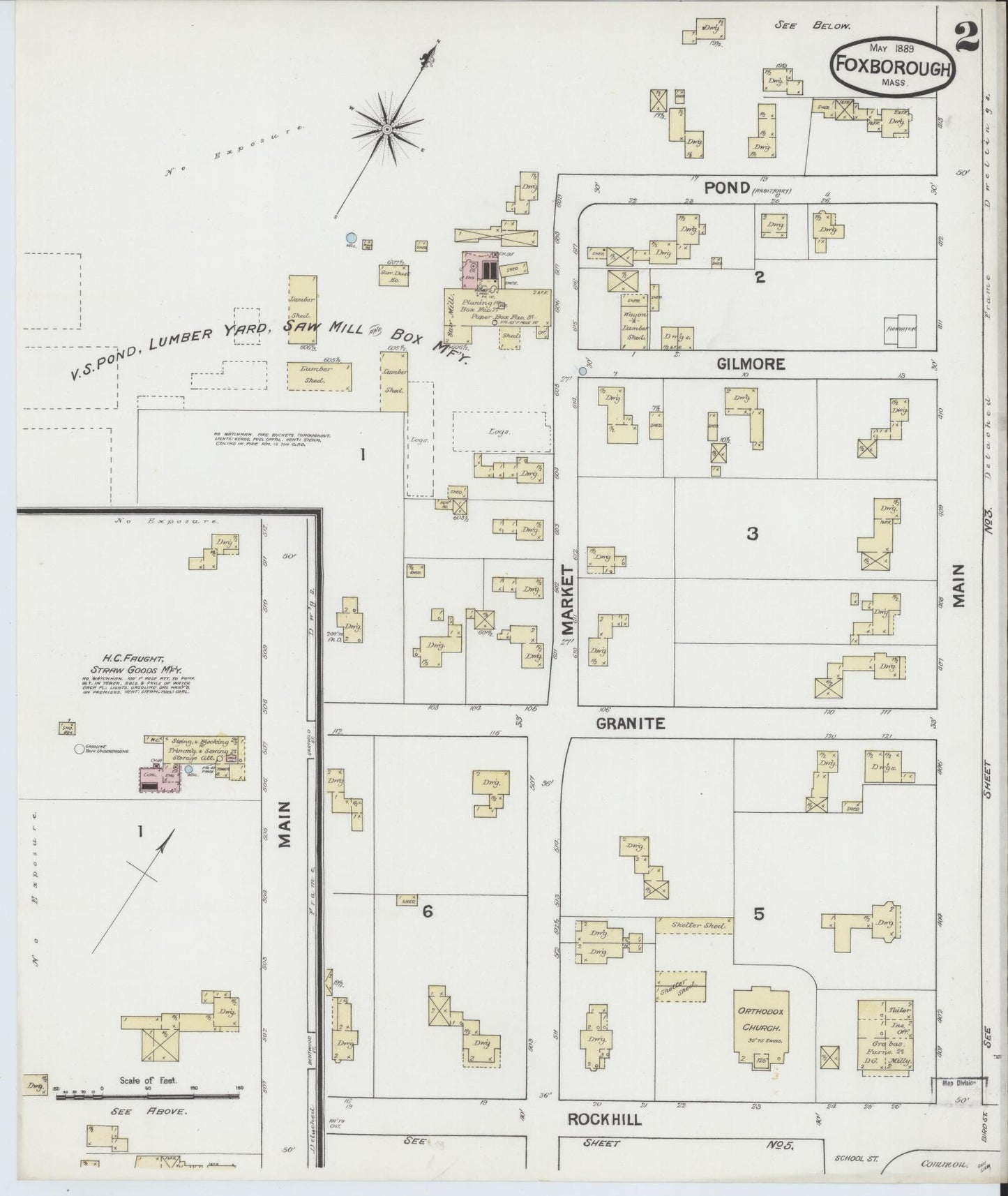 Sanborn Fire Insurance Map from Foxboro, Norfolk County, Massachusetts (1889), Sheet #0002 - Historic Sanborn Fire Insurance Map Print, vintage old map wall art, antique decor, genealogy gift, Massachusetts Massachusetts map