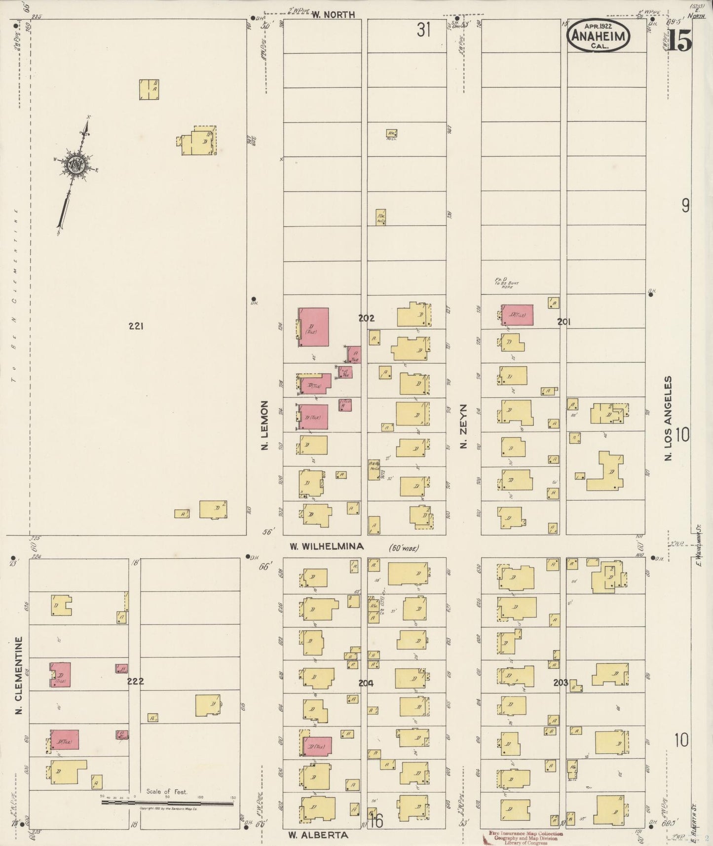 Sanborn Fire Insurance Map from Anaheim, Orange County, California (1922), Sheet #0015 - Historic Sanborn Fire Insurance Map Print, vintage old map wall art, antique decor, genealogy gift, California California map