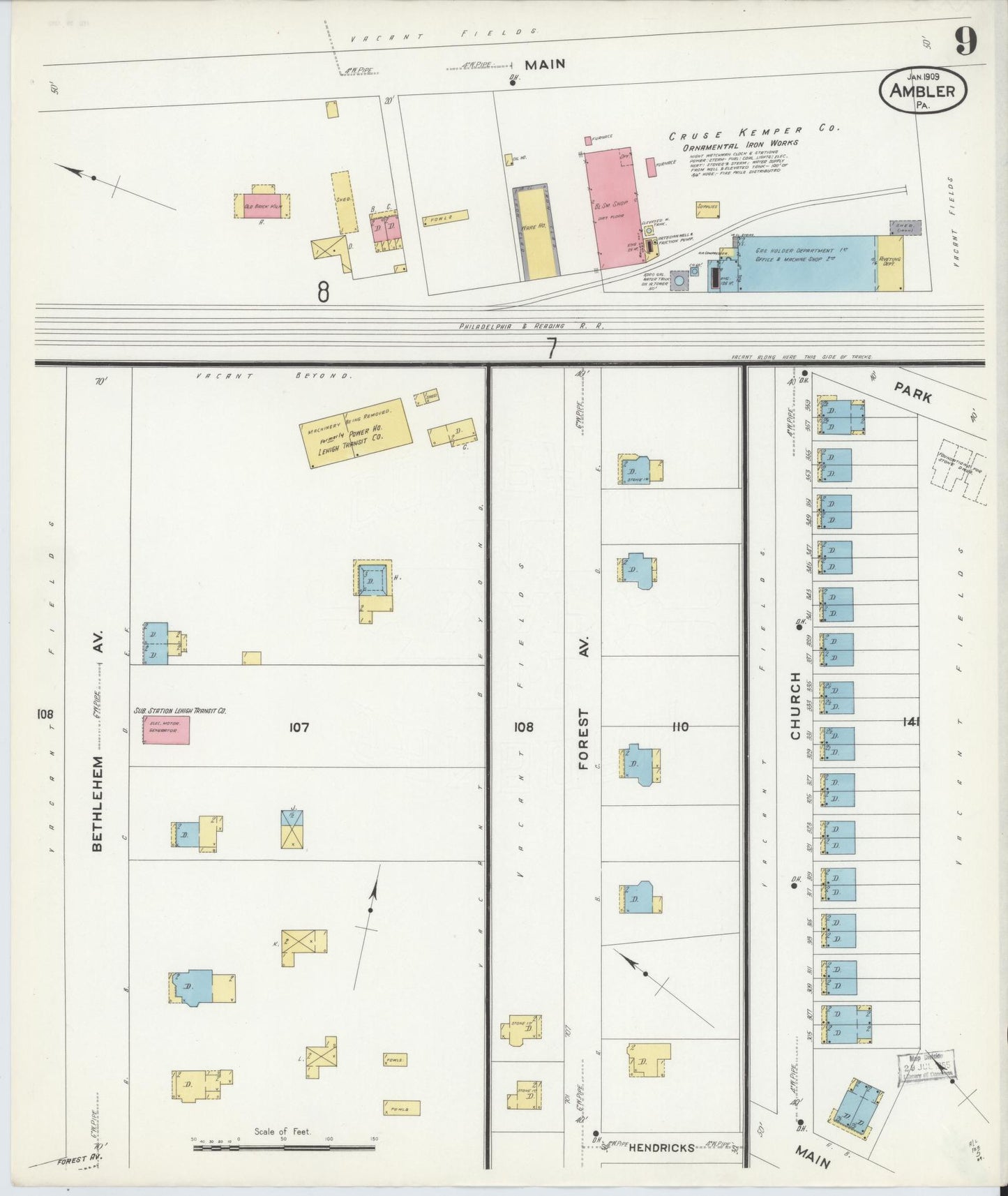 Sanborn Fire Insurance Map from Ambler, Montgomery County, Pennsylvania (1909), Sheet #0009 - Historic Sanborn Fire Insurance Map Print, vintage old map wall art, antique decor, genealogy gift, Pennsylvania Pennsylvania map