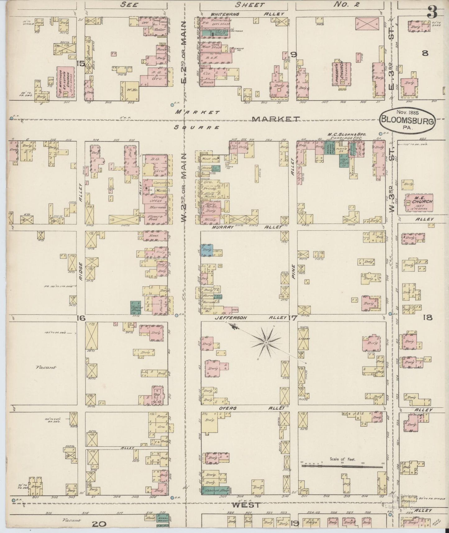 Sanborn Fire Insurance Map from Bloomsburg, Columbia County, Pennsylvania (1885), Sheet #0003 - Historic Sanborn Fire Insurance Map Print, vintage old map wall art, antique decor, genealogy gift, Pennsylvania Pennsylvania map