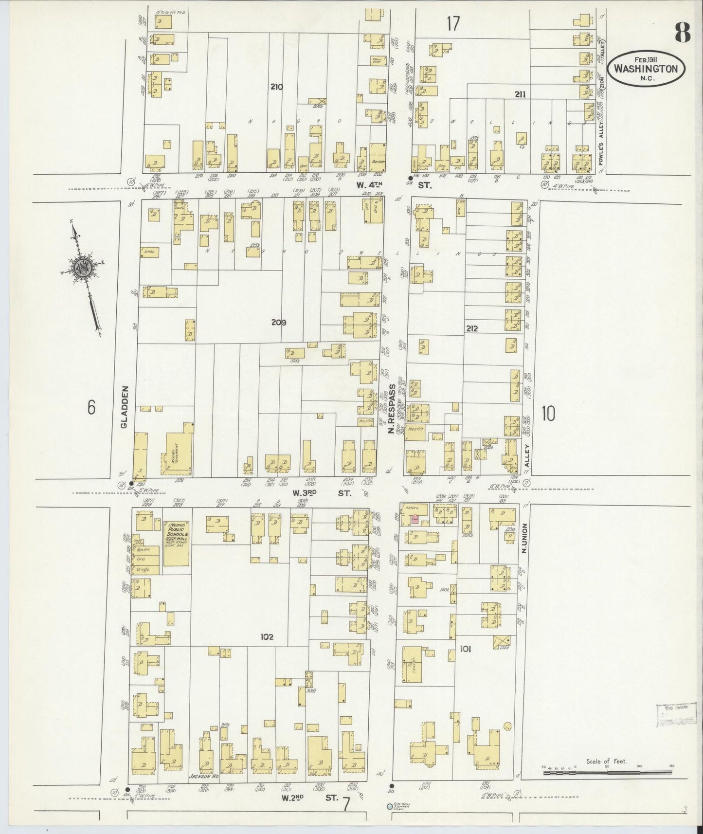 Sanborn Fire Insurance Map from Washington, Beaufort County, North Carolina (1911), Sheet #0008 - Historic Sanborn Fire Insurance Map Print, vintage old map wall art, antique decor, genealogy gift, Washington Washington map
