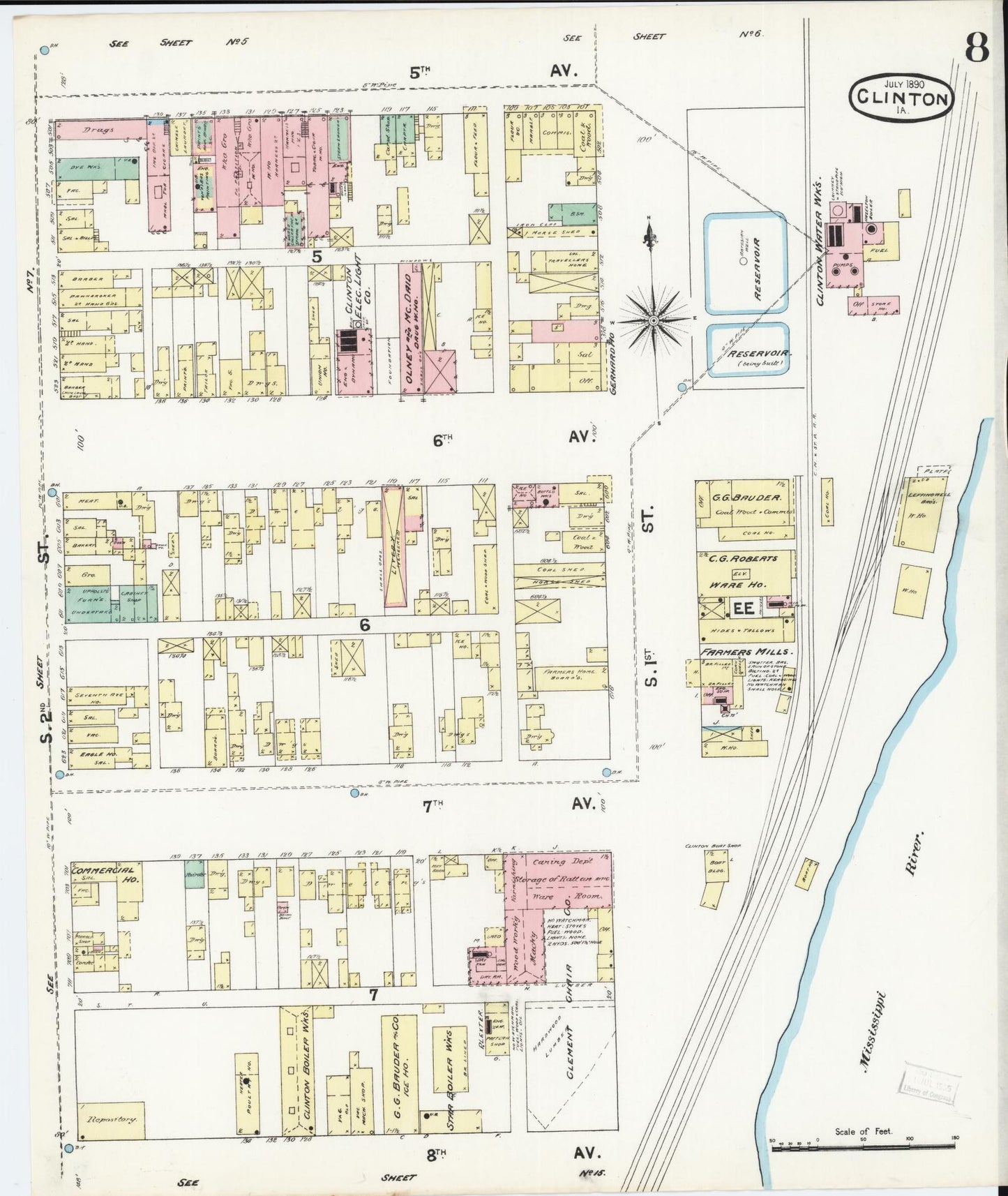 Sanborn Fire Insurance Map from Clinton, Clinton County, Iowa (1890), Sheet #0008 - Historic Sanborn Fire Insurance Map Print, vintage old map wall art