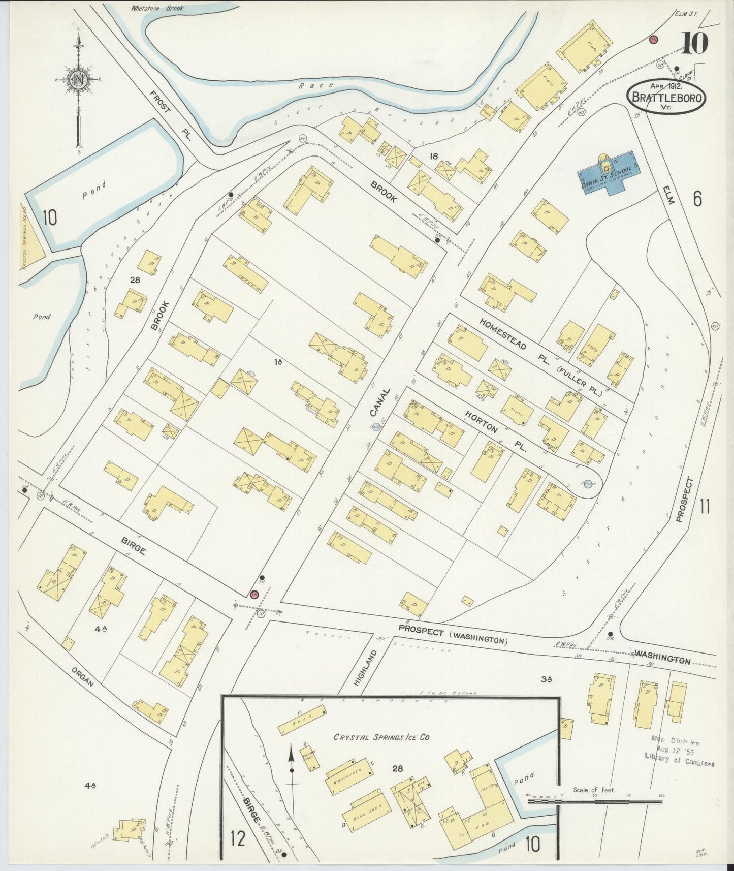 Sanborn Fire Insurance Map from Brattleboro, Windham County, Vermont (1912), Sheet #0010 - Historic Sanborn Fire Insurance Map Print, vintage old map wall art, antique decor, genealogy gift, Vermont Vermont map