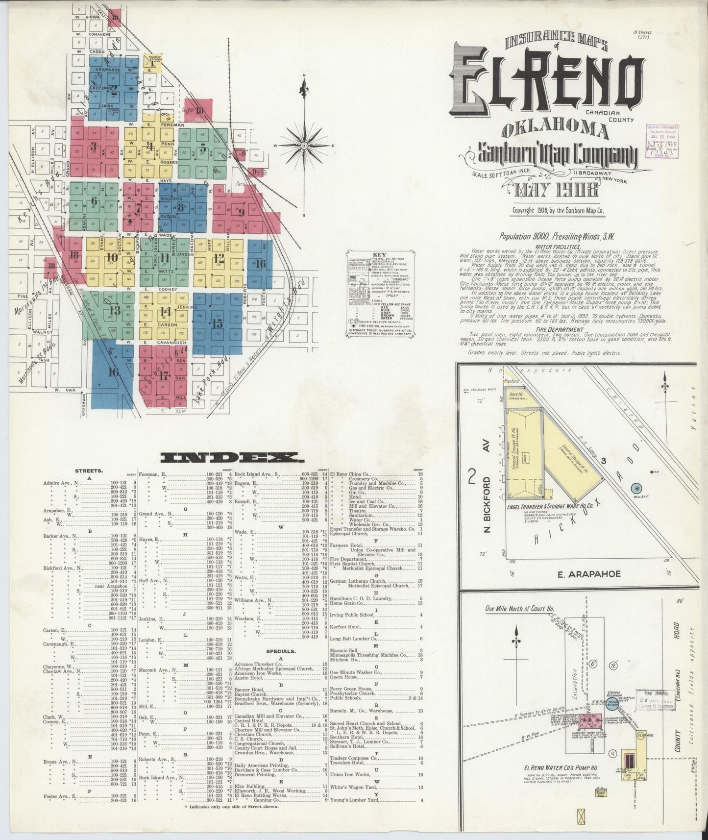 Sanborn Fire Insurance Map from El Reno, Canadian County, Oklahoma (1908), Sheet #0001 - Historic Sanborn Fire Insurance Map Print, vintage old map wall art, antique decor, genealogy gift, Oklahoma Oklahoma map