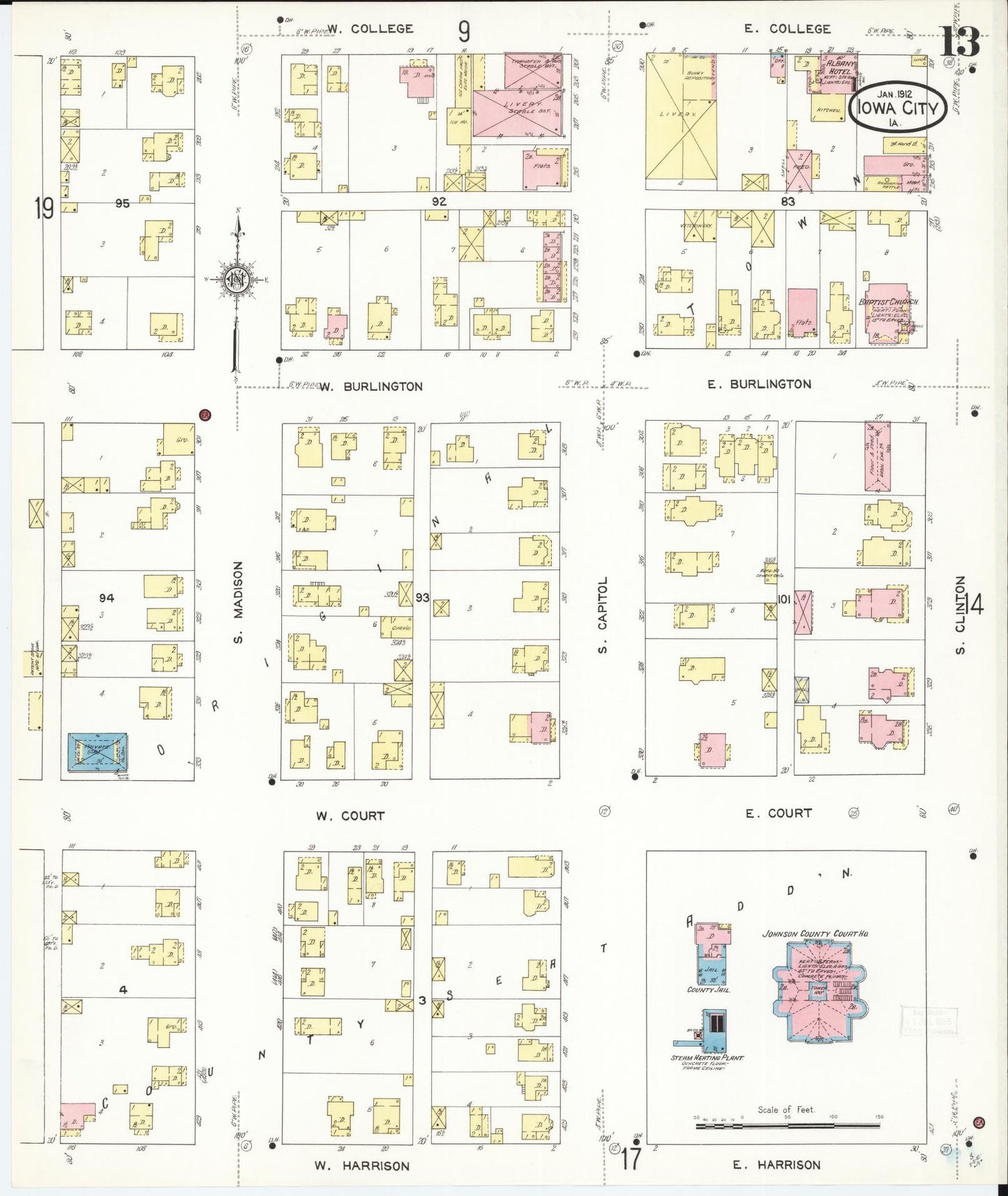 Sanborn Fire Insurance Map from Iowa City, Johnson County, Iowa (1912), Sheet #0013 - Historic Sanborn Fire Insurance Map Print, vintage old map wall art