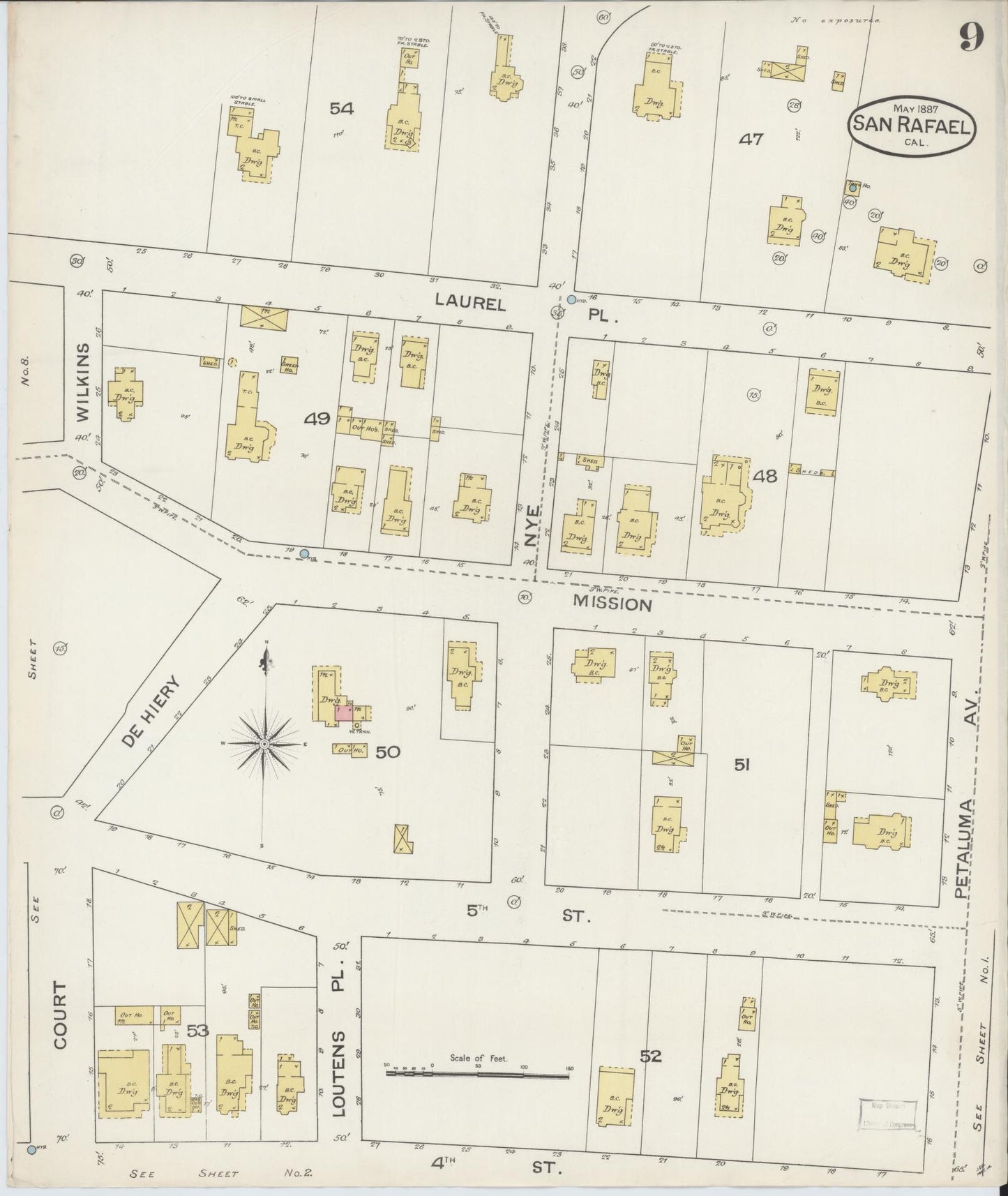 Sanborn Fire Insurance Map from San Rafael, Marin County, California (1887), Sheet #0009 - Complete Map Set gallery image, historic Sanborn map, vintage wall art, California California