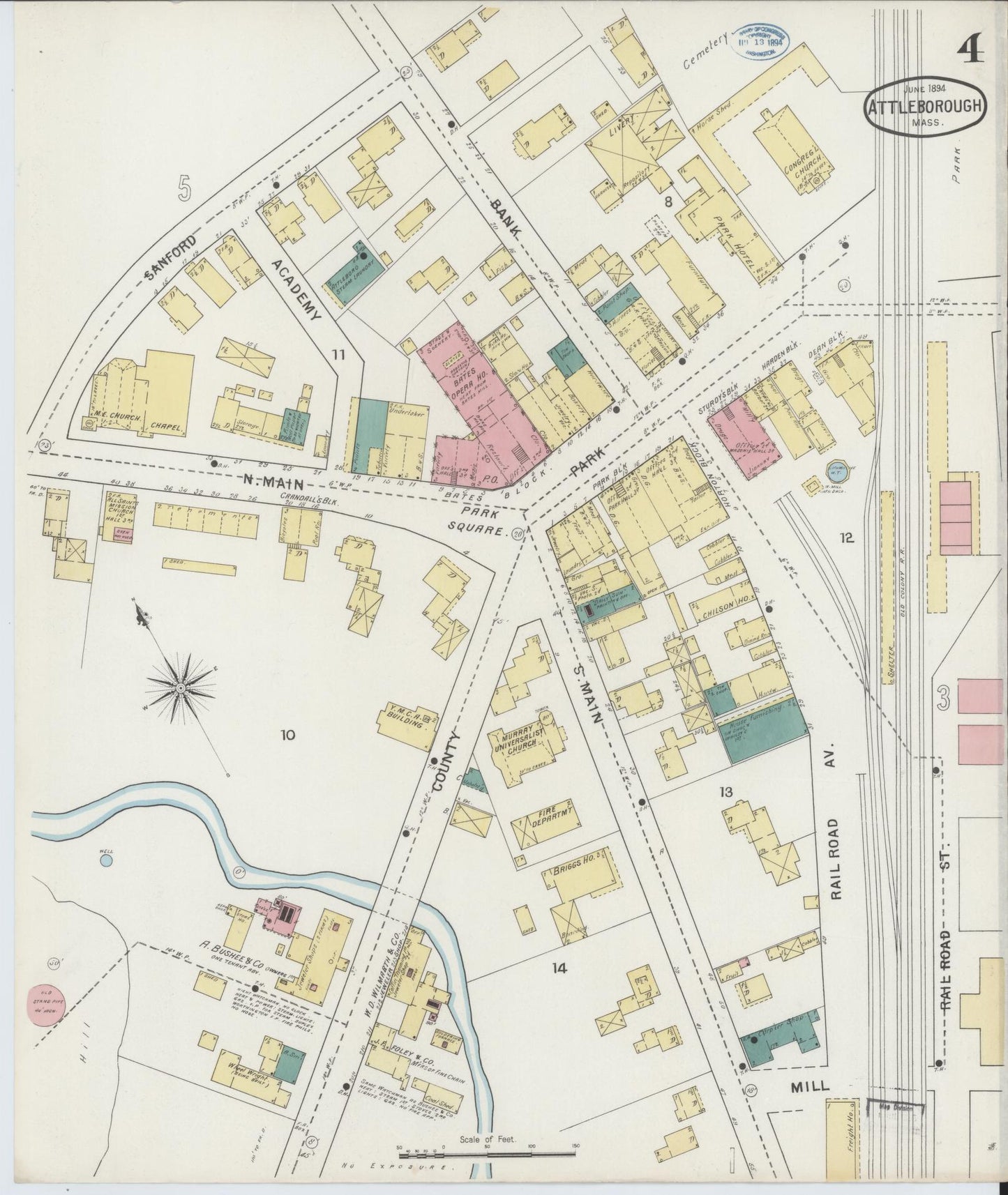 Sanborn Fire Insurance Map from Attleboro, Bristol County, Massachusetts (1894), Sheet #0004 - Historic Sanborn Fire Insurance Map Print, vintage old map wall art, antique decor, genealogy gift, Massachusetts Massachusetts map