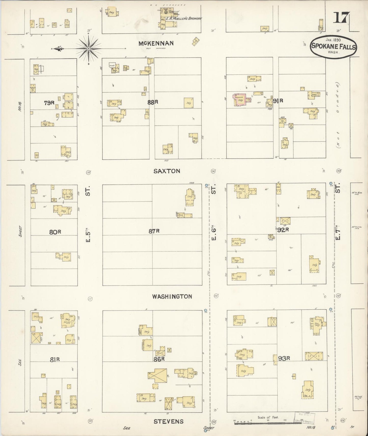 Sanborn Fire Insurance Map from Spokane, Spokane County, Washington (1890), Sheet #0017 - Historic Sanborn Fire Insurance Map Print, vintage old map wall art, antique decor, genealogy gift, Washington Washington map