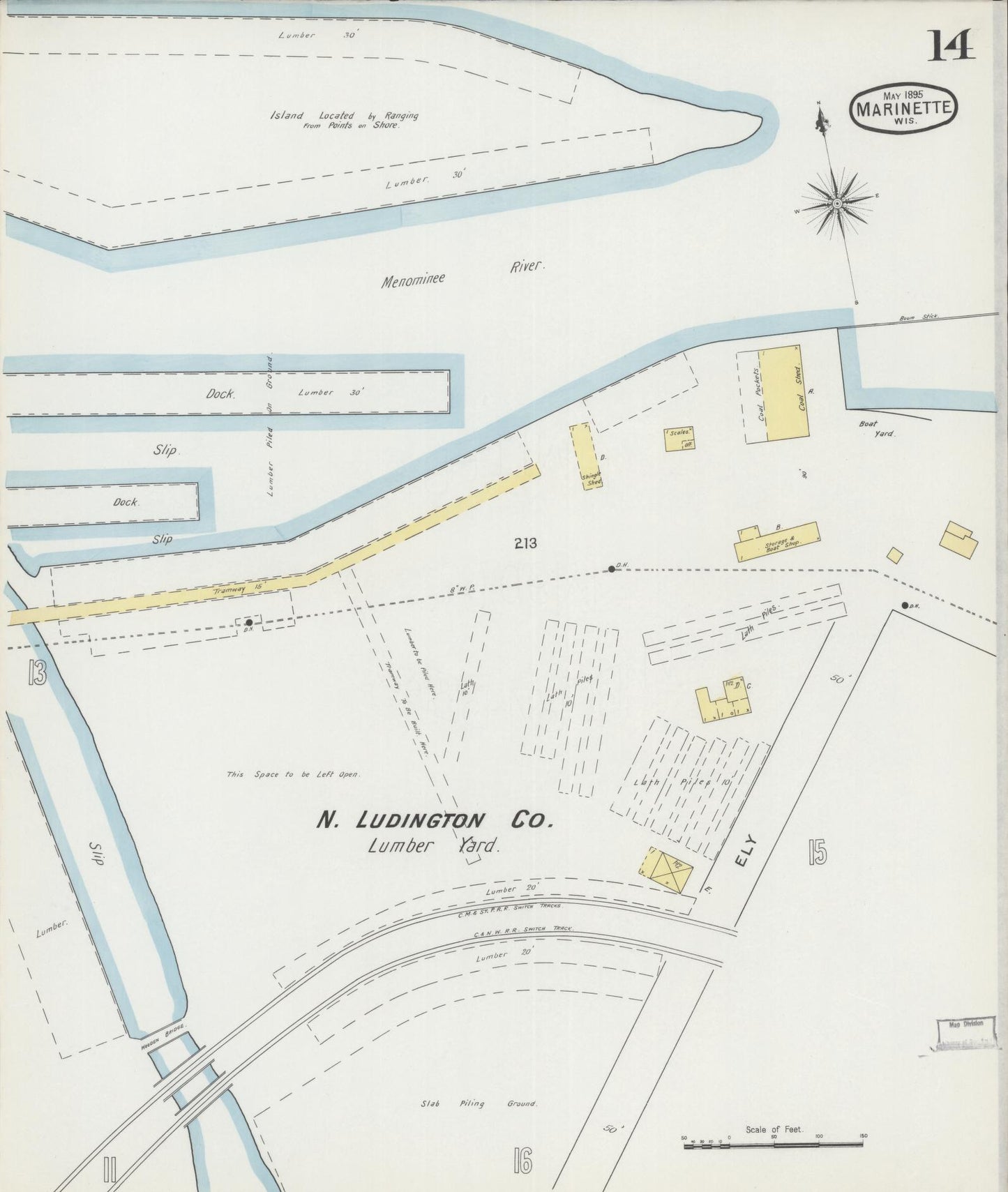 Sanborn Fire Insurance Map from Marinette, Marinette County, Wisconsin (1895), Sheet #0014 - Historic Sanborn Fire Insurance Map Print, vintage old map wall art, antique decor, genealogy gift, Wisconsin Wisconsin map