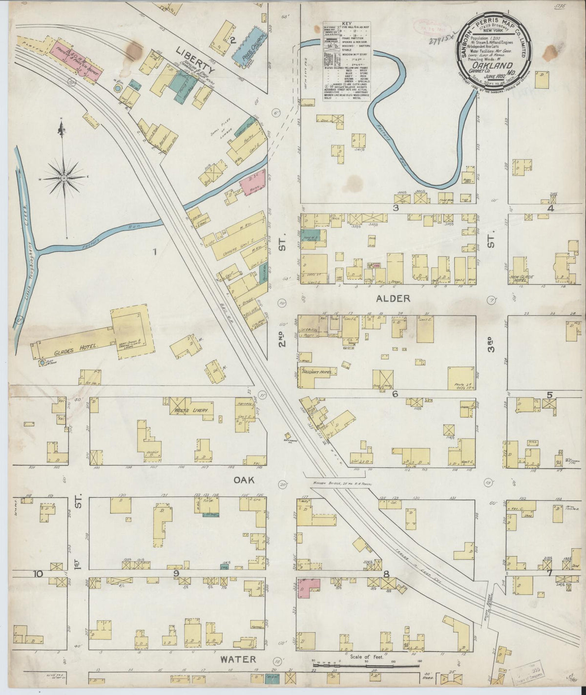 Sanborn Fire Insurance Map from Oakland, Garrett County, Maryland (1892), Sheet #0001 - Historic Sanborn Fire Insurance Map Print, vintage old map wall art, antique decor, genealogy gift, Maryland Maryland map