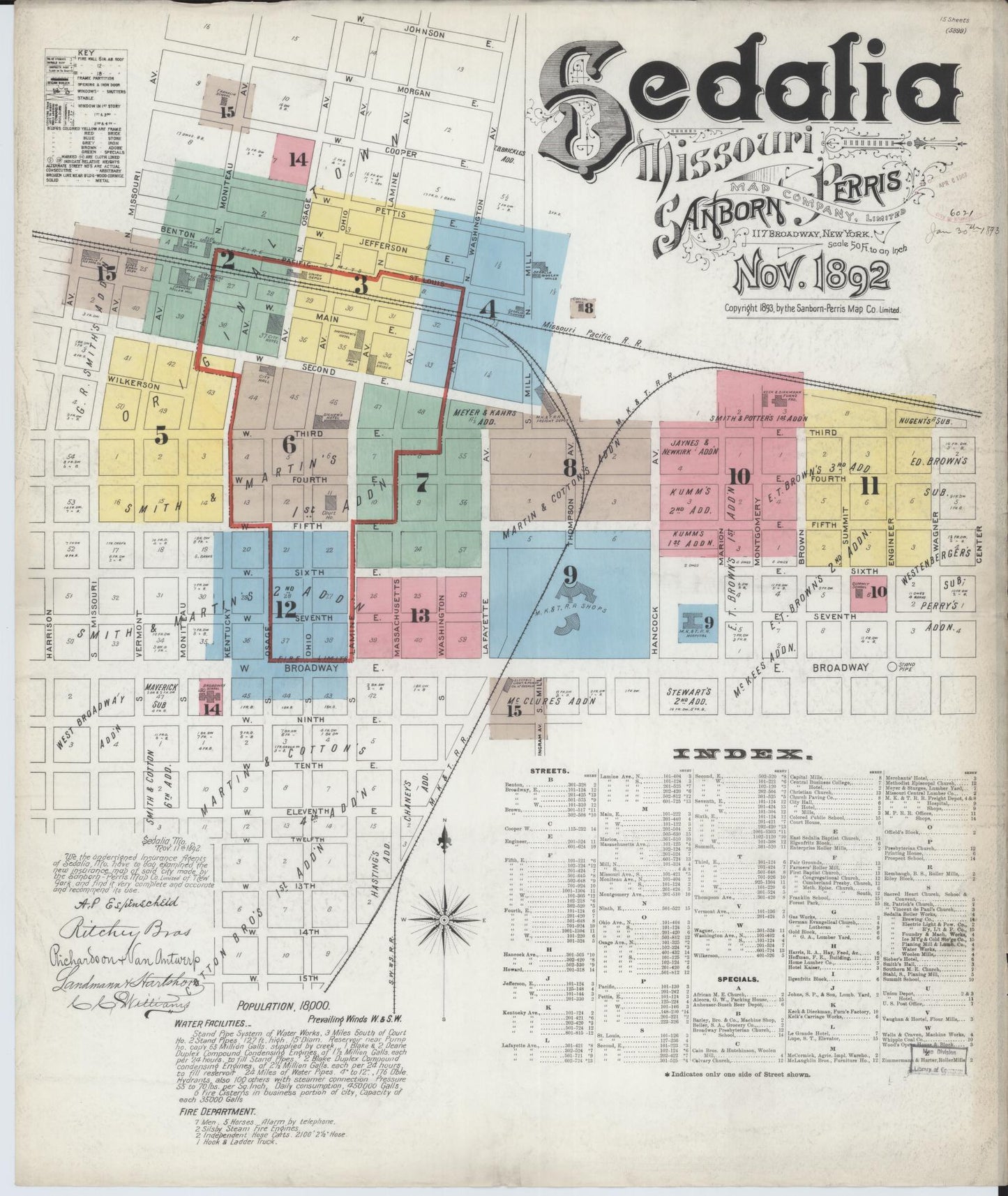 Sanborn Fire Insurance Map from Sedalia, Pettis County, Missouri (1892), Sheet #0001 - Historic Sanborn Fire Insurance Map Print, vintage old map wall art, antique decor, genealogy gift, Missouri Missouri map