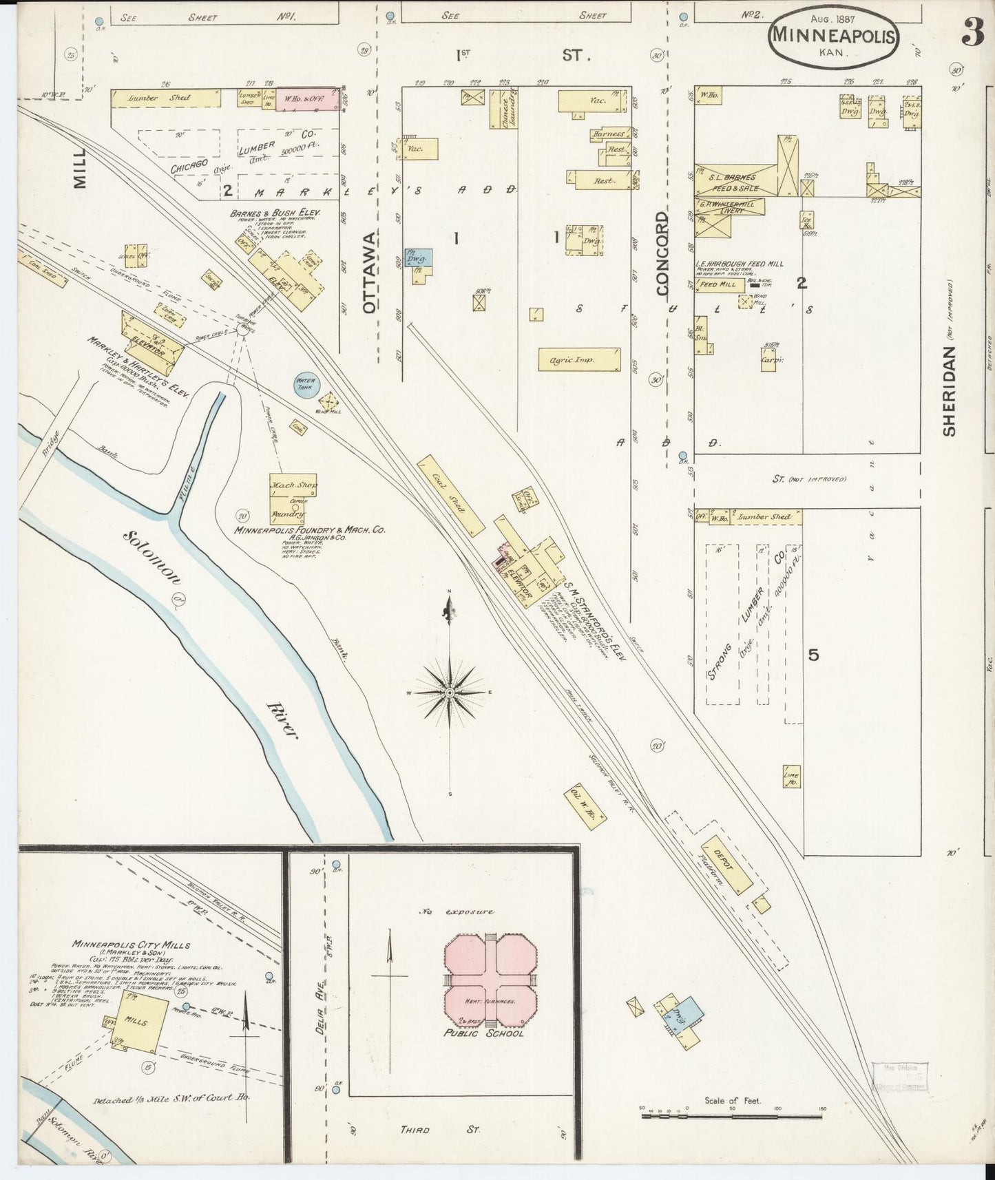 Sanborn Fire Insurance Map from Minneapolis, Ottawa County, Kansas (1887), Sheet #0003 - Historic Sanborn Fire Insurance Map Print, vintage old map wall art, antique decor, genealogy gift, Kansas Kansas map