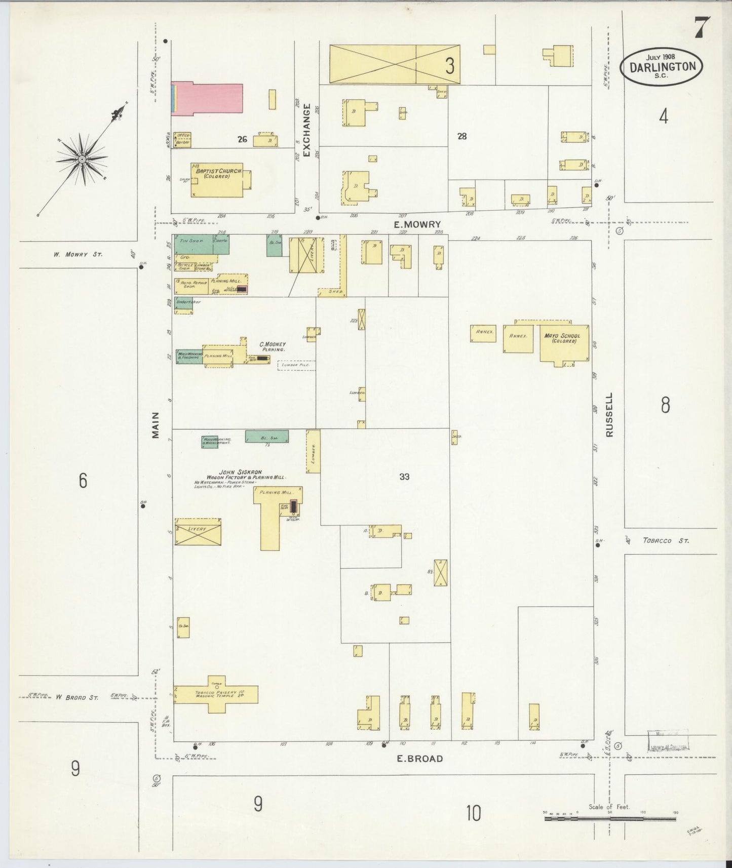 Sanborn Fire Insurance Map from Darlington, Darlington County, South Carolina (1908), Sheet #0007 - Historic Sanborn Fire Insurance Map Print, vintage old map wall art, antique decor, genealogy gift, South Carolina South Carolina map