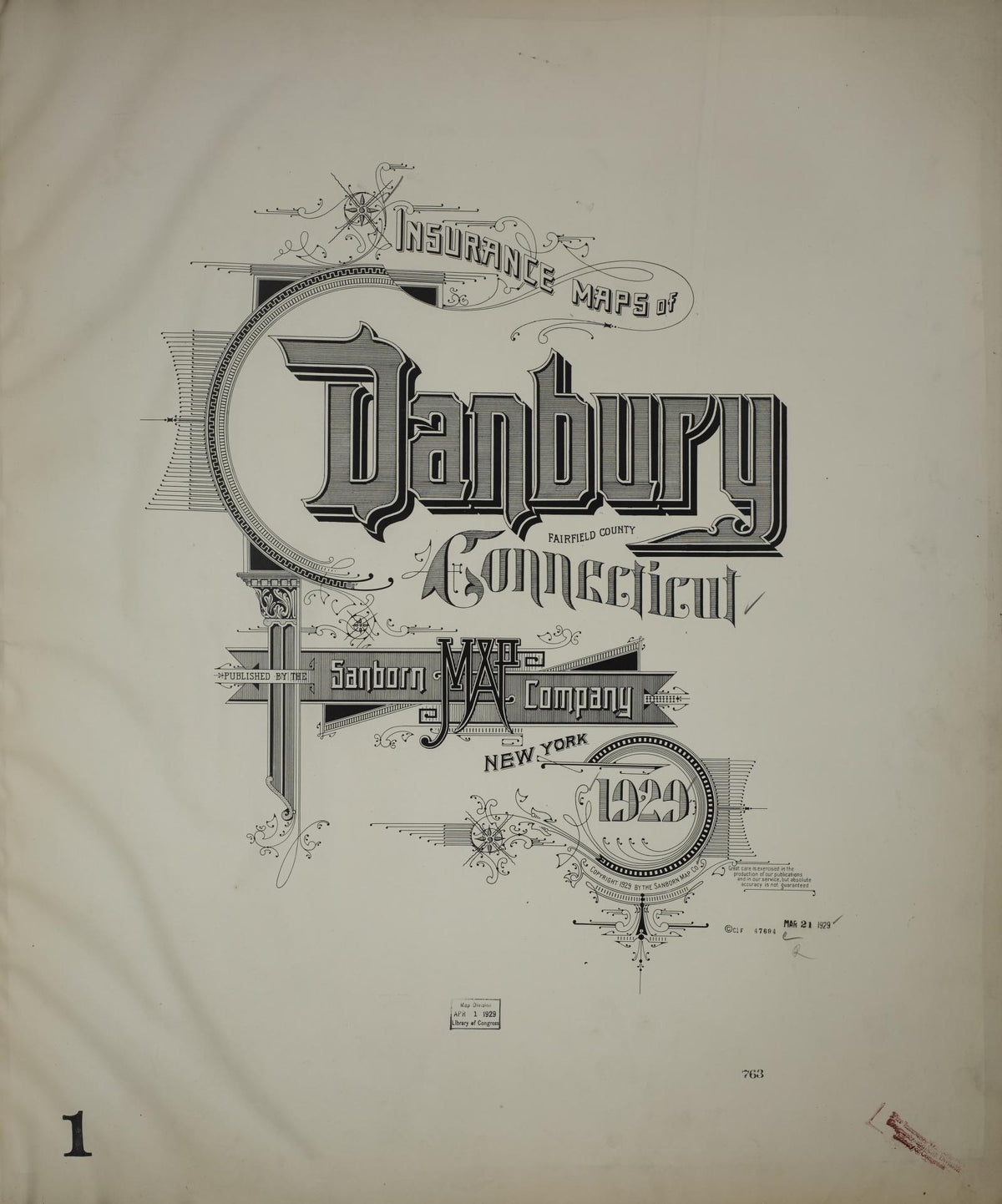 Sanborn Fire Insurance Map from Danbury, Fairfield County, Connecticut (1929), Sheet #0001 - Historic Sanborn Fire Insurance Map Print, vintage old map wall art, antique decor, genealogy gift, Connecticut Connecticut map