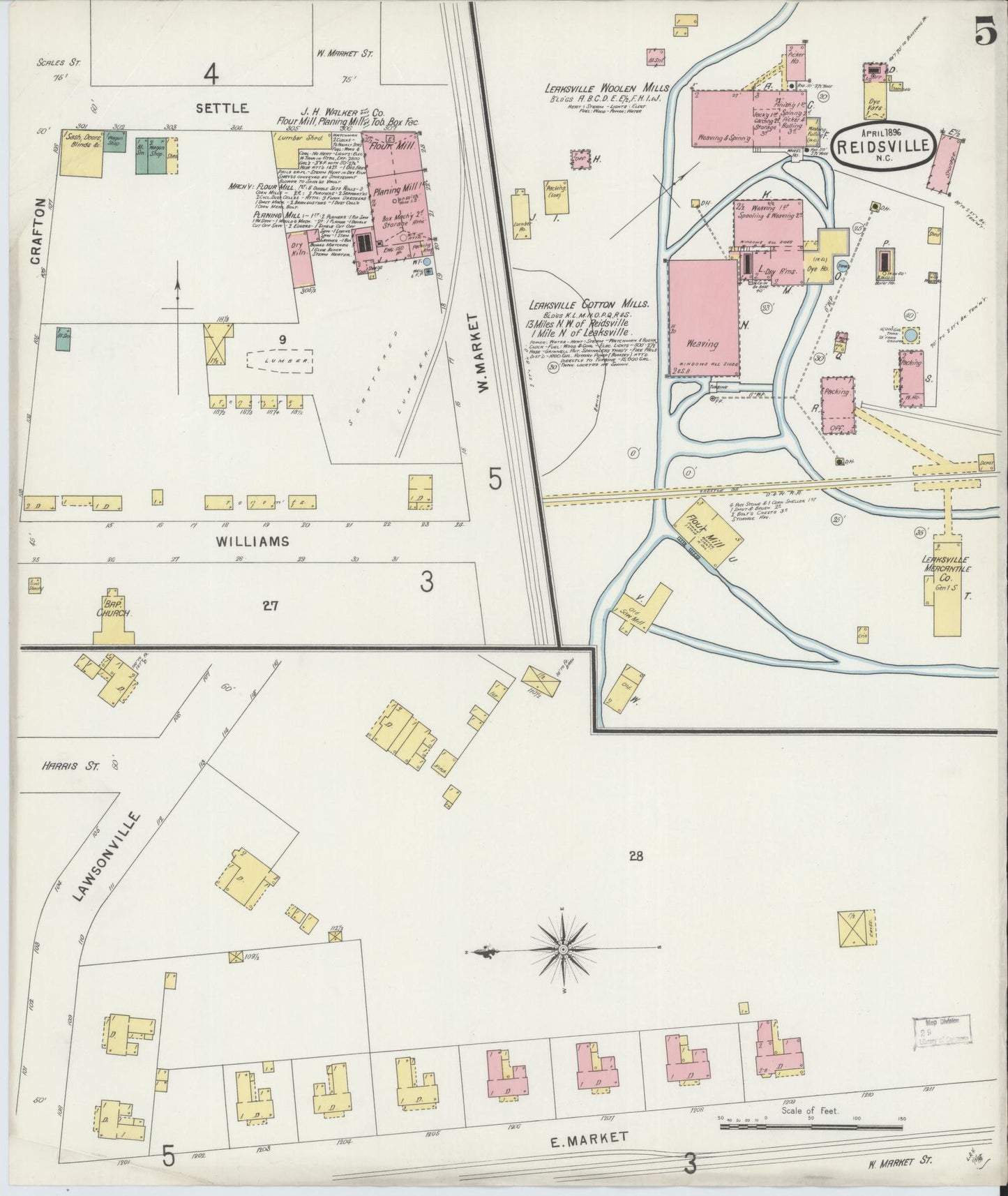 Sanborn Fire Insurance Map from Reidsville, Rockingham County, North Carolina (1896), Sheet #0005 - Complete Map Set gallery image, historic Sanborn map, vintage wall art, North Carolina North Carolina