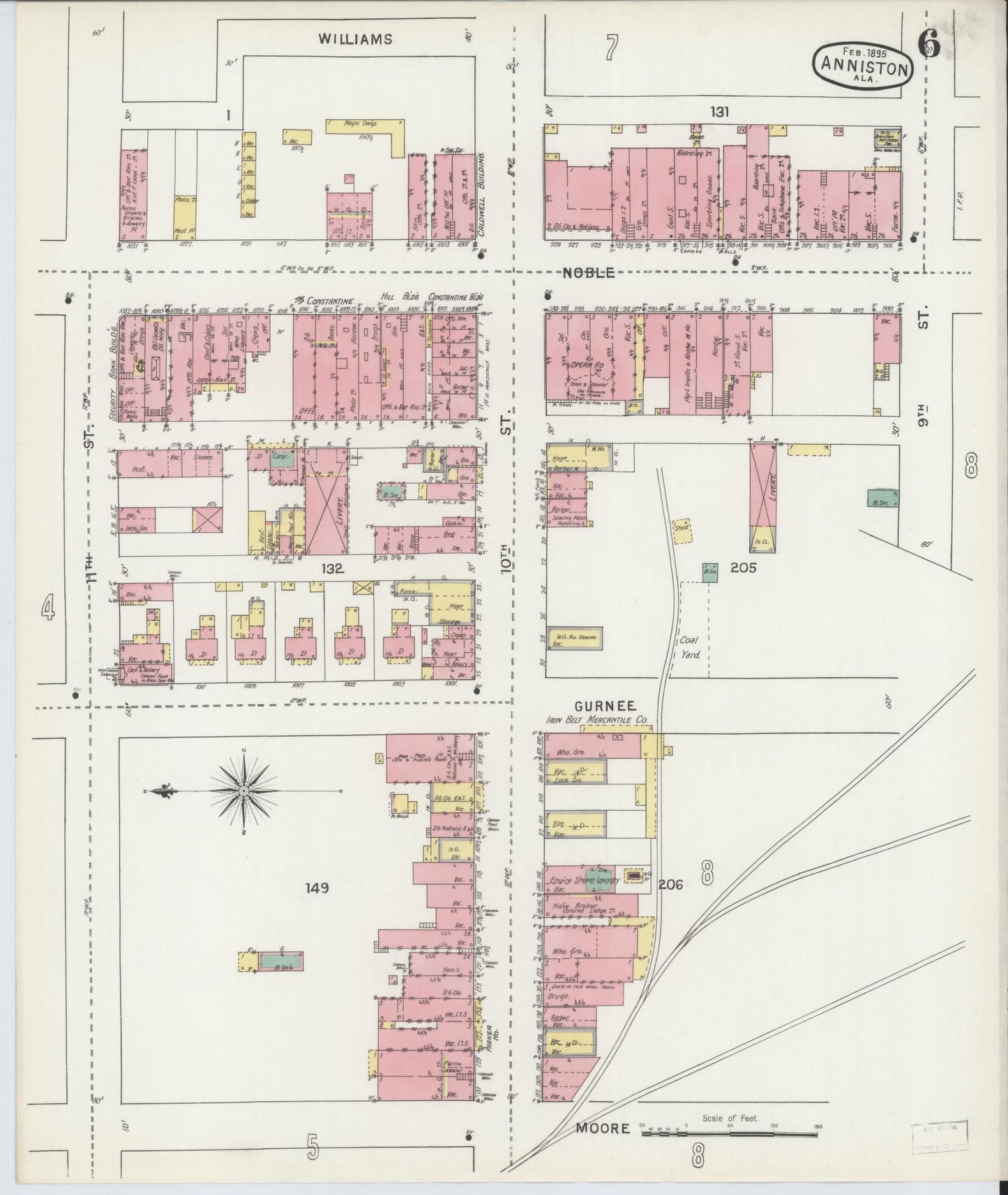 Sanborn Fire Insurance Map from Anniston, Calhoun County, Alabama (1895), Sheet #0006 - Historic Sanborn Fire Insurance Map Print, vintage old map wall art, antique decor, genealogy gift, Alabama Alabama map