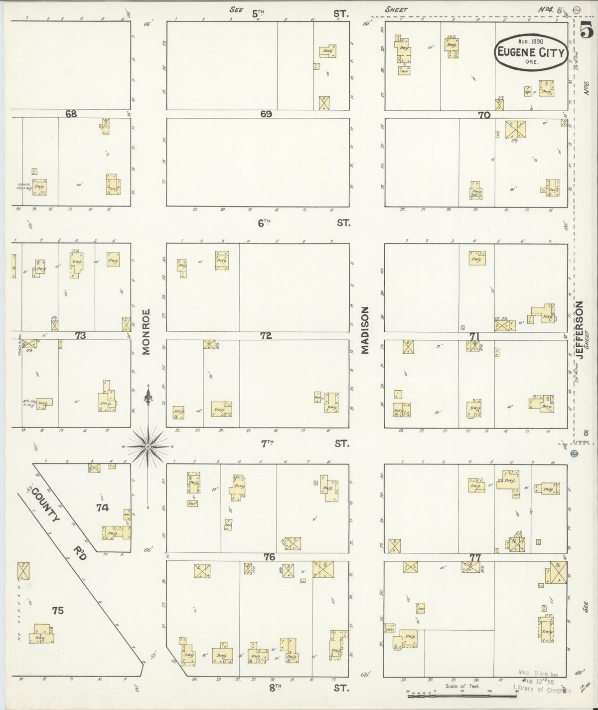 Sanborn Fire Insurance Map from Eugene, Lane County, Oregon (1890), Sheet #0005 - Historic Sanborn Fire Insurance Map Print, vintage old map wall art, antique decor, genealogy gift, Oregon Oregon map