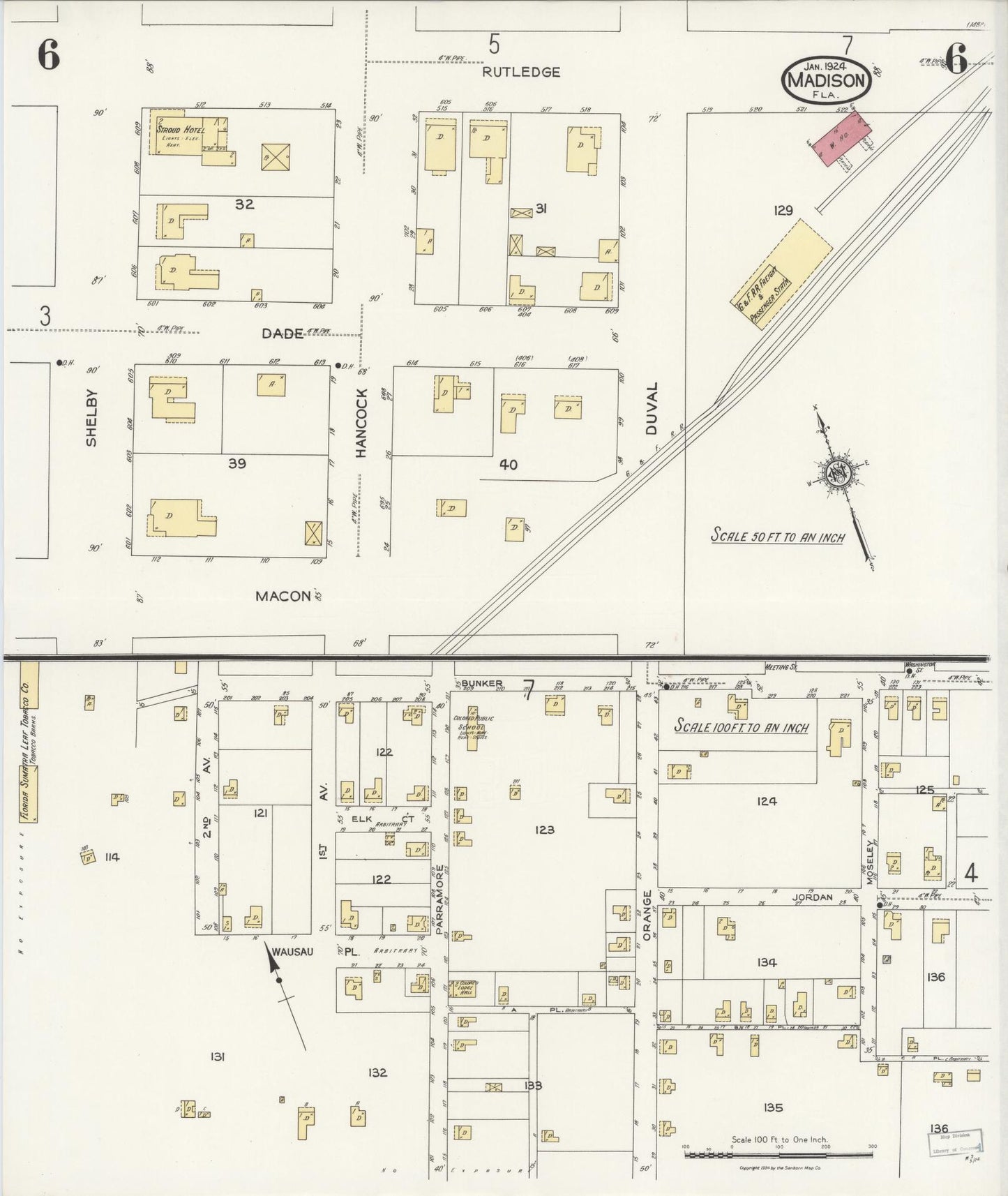 Sanborn Fire Insurance Map from Madison, Madison County, Florida (1924), Sheet #0006 - Historic Sanborn Fire Insurance Map Print, vintage old map wall art, antique decor, genealogy gift, Florida Florida map
