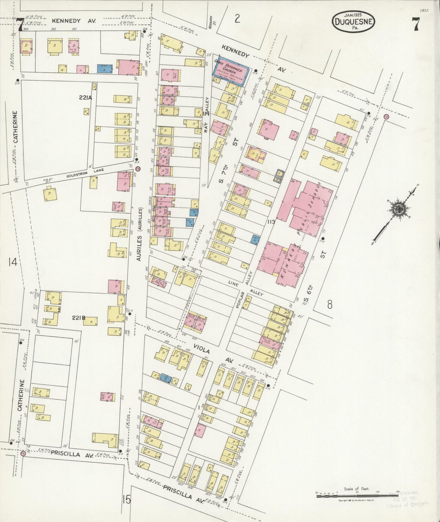 Sanborn Fire Insurance Map from Duquesne, Allegheny County, Pennsylvania (1925), Sheet #0007 - Historic Sanborn Fire Insurance Map Print, vintage old map wall art, antique decor, genealogy gift, Pennsylvania Pennsylvania map