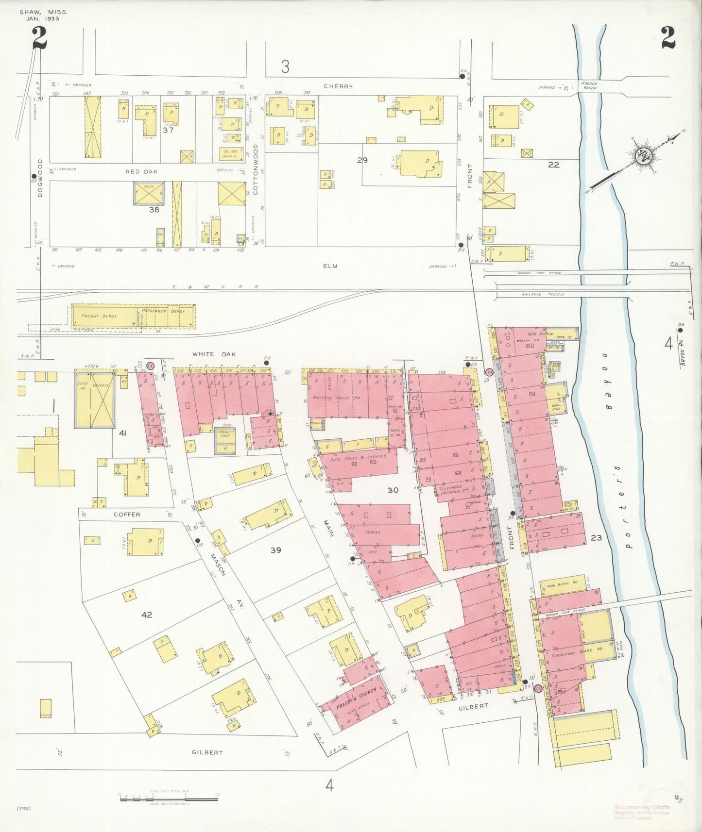 Sanborn Fire Insurance Map from Shaw, Bolivar County, Mississippi (1933), Sheet #0002 - Historic Sanborn Fire Insurance Map Print, vintage old map wall art, antique decor, genealogy gift, Mississippi Mississippi map