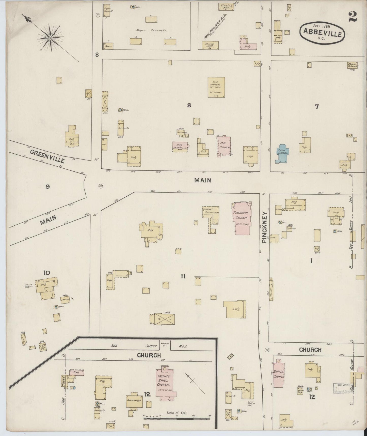 Sanborn Fire Insurance Map from Abbeville, Abbeville County, South Carolina (1889), Sheet #0002 - Complete Map Set gallery image, historic Sanborn map, vintage wall art, South Carolina South Carolina