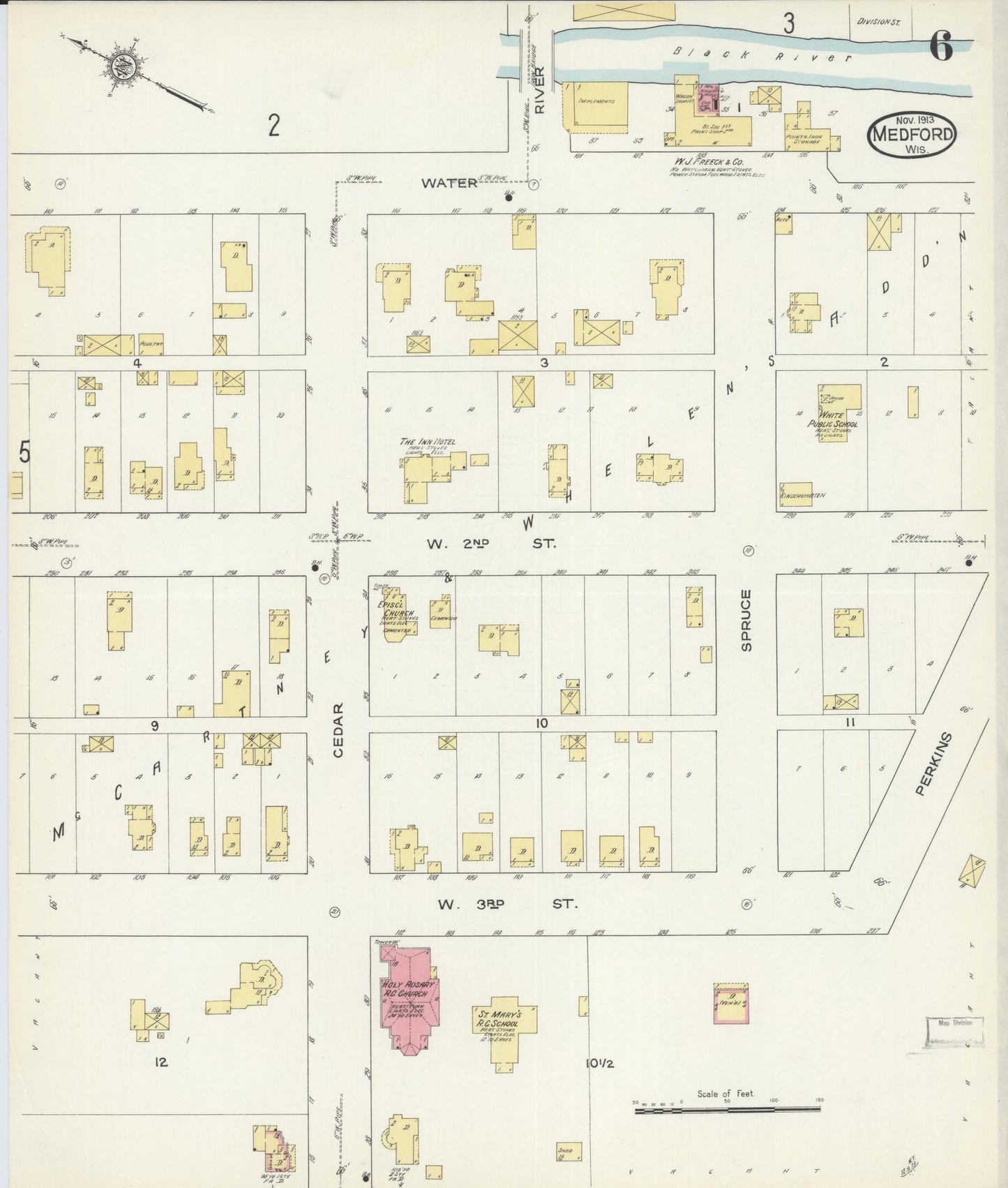 Sanborn Fire Insurance Map from Medford, Taylor County, Wisconsin (1913), Sheet #0006 - Historic Sanborn Fire Insurance Map Print, vintage old map wall art, antique decor, genealogy gift, Wisconsin Wisconsin map