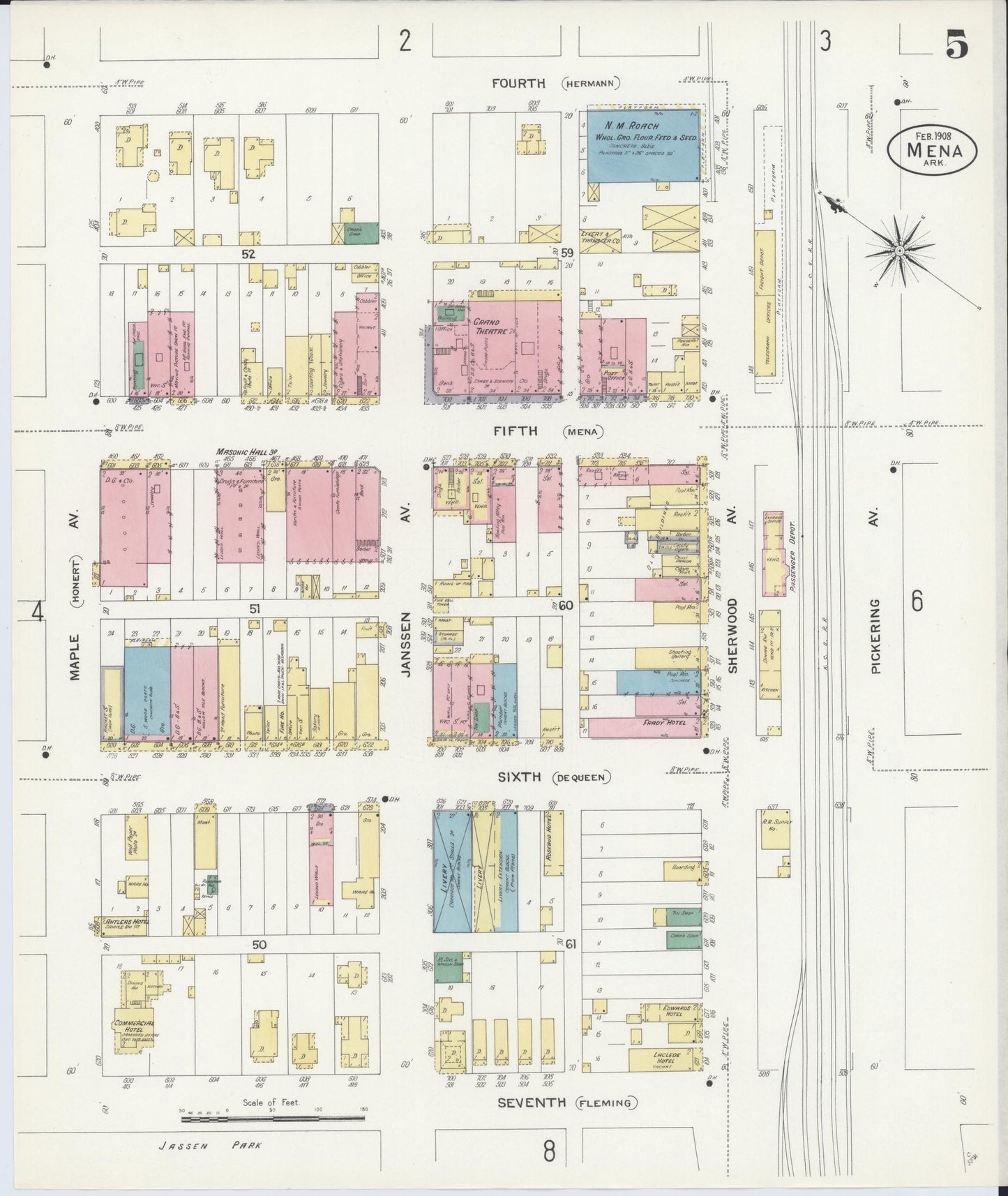 Sanborn Fire Insurance Map from Mena, Polk County, Arkansas (1908), Sheet #0005 - Historic Sanborn Fire Insurance Map Print, vintage old map wall art, antique decor, genealogy gift, Arkansas Arkansas map