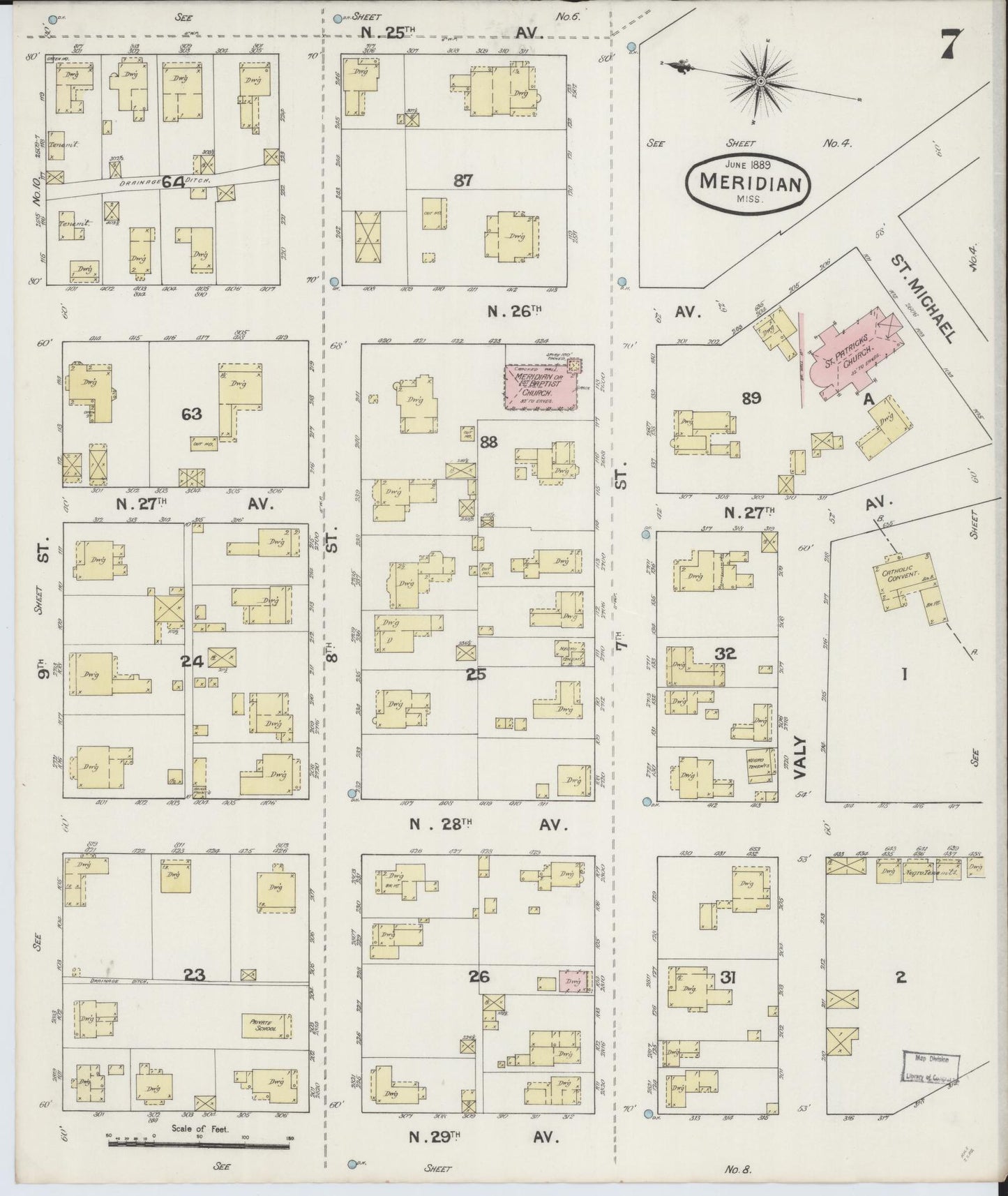 Sanborn Fire Insurance Map from Meridian, Lauderdale County, Mississippi (1889), Sheet #0007 - Historic Sanborn Fire Insurance Map Print, vintage old map wall art, antique decor, genealogy gift, Mississippi Mississippi map