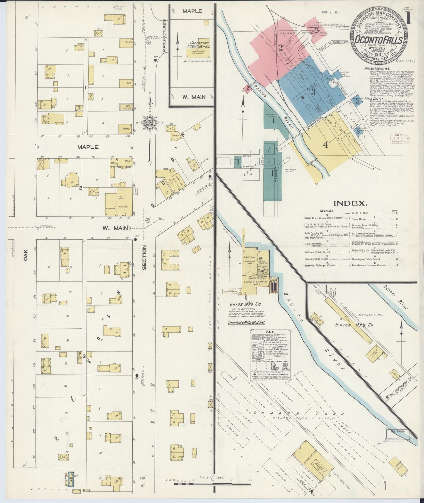 Sanborn Fire Insurance Map from Oconto Falls, Oconto County, Wisconsin (1911), Sheet #0001 - Historic Sanborn Fire Insurance Map Print, vintage old map wall art, antique decor, genealogy gift, Wisconsin Wisconsin map