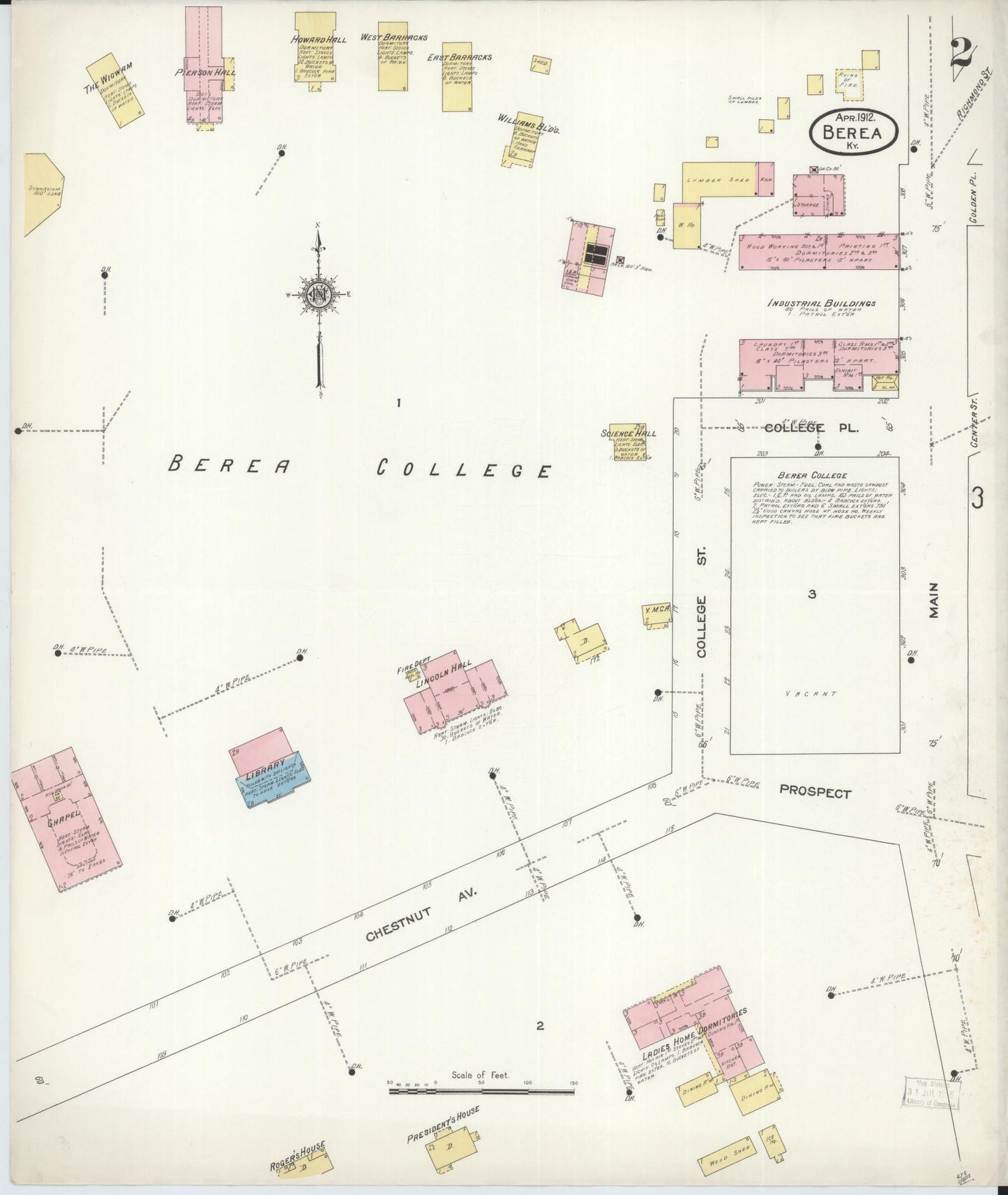 Sanborn Fire Insurance Map from Berea, Madison County, Kentucky (1912), Sheet #0002 - Historic Sanborn Fire Insurance Map Print, vintage old map wall art, antique decor, genealogy gift, Kentucky Kentucky map