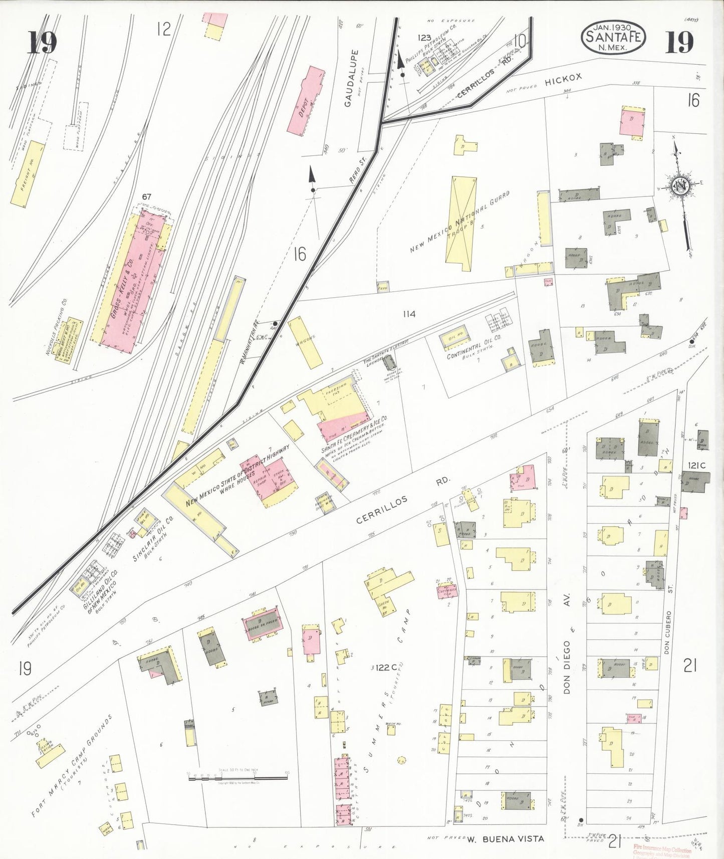 Sanborn Fire Insurance Map from Santa Fe, Santa Fe County, New Mexico (1930), Sheet #0019 - Historic Sanborn Fire Insurance Map Print, vintage old map wall art, antique decor, genealogy gift, New Mexico New Mexico map