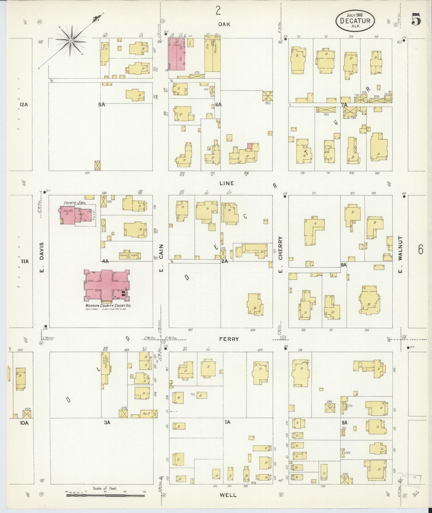 Sanborn Fire Insurance Map from Decatur, Morgan County, Alabama (1908), Sheet #0005 - Historic Sanborn Fire Insurance Map Print, vintage old map wall art, antique decor, genealogy gift, Alabama Alabama map