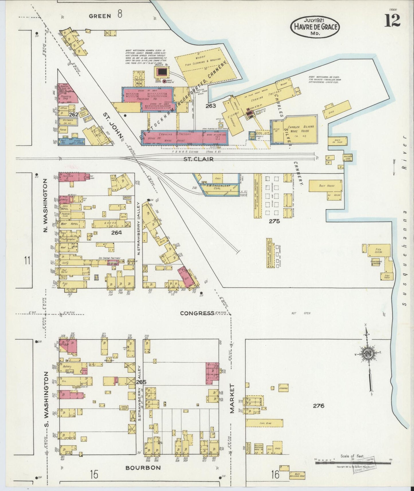Sanborn Fire Insurance Map from Havre De Grace, Harford County, Maryland (1921), Sheet #0012 - Historic Sanborn Fire Insurance Map Print, vintage old map wall art