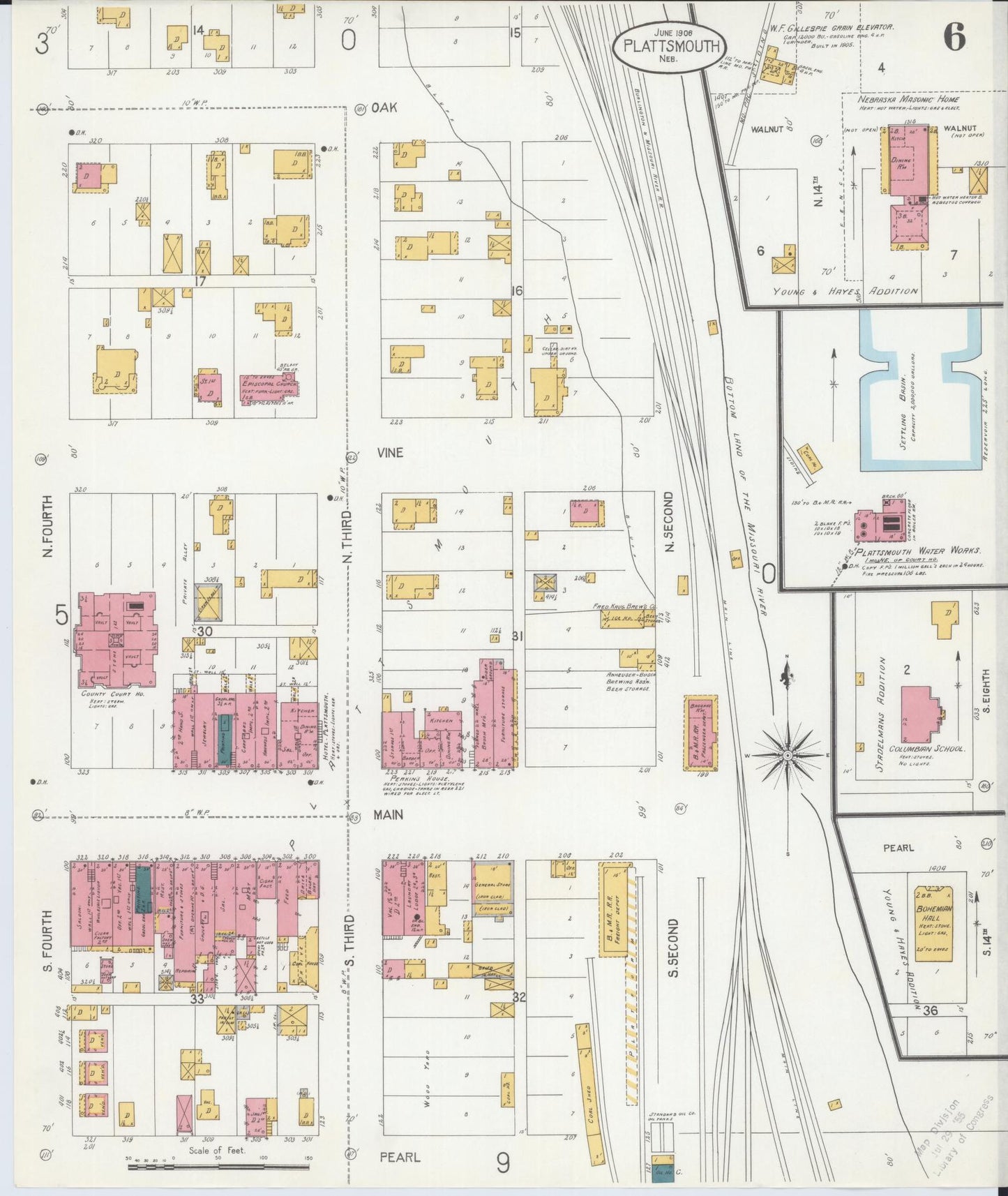 Sanborn Fire Insurance Map from Plattsmouth, Cass County, Nebraska (1906), Sheet #0006 - Historic Sanborn Fire Insurance Map Print, vintage old map wall art, antique decor, genealogy gift, Nebraska Nebraska map