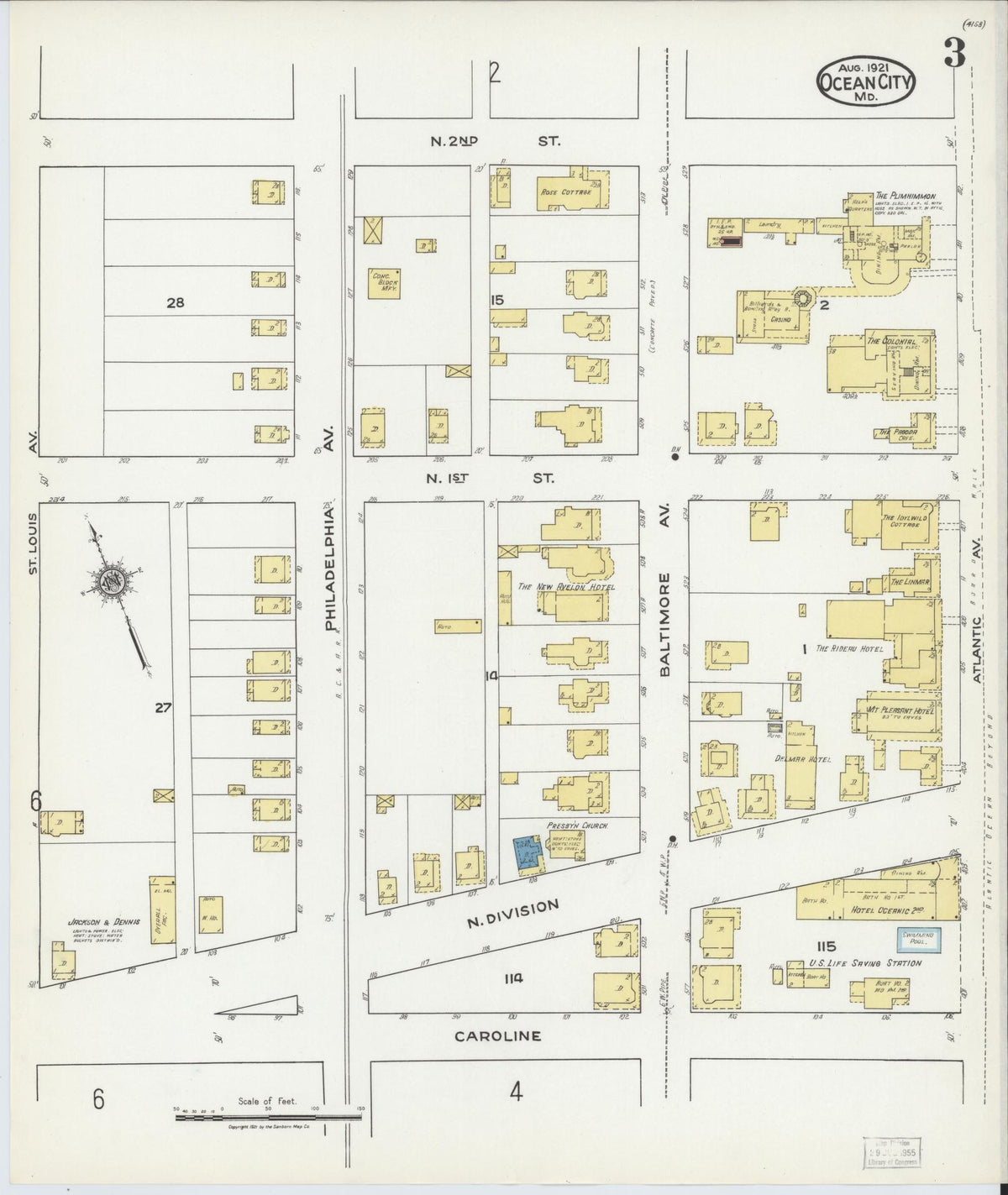 Sanborn Fire Insurance Map from Ocean City, Worcester County, Maryland (1921), Sheet #0003 - Historic Sanborn Fire Insurance Map Print, vintage old map wall art, antique decor, genealogy gift, Maryland Maryland map