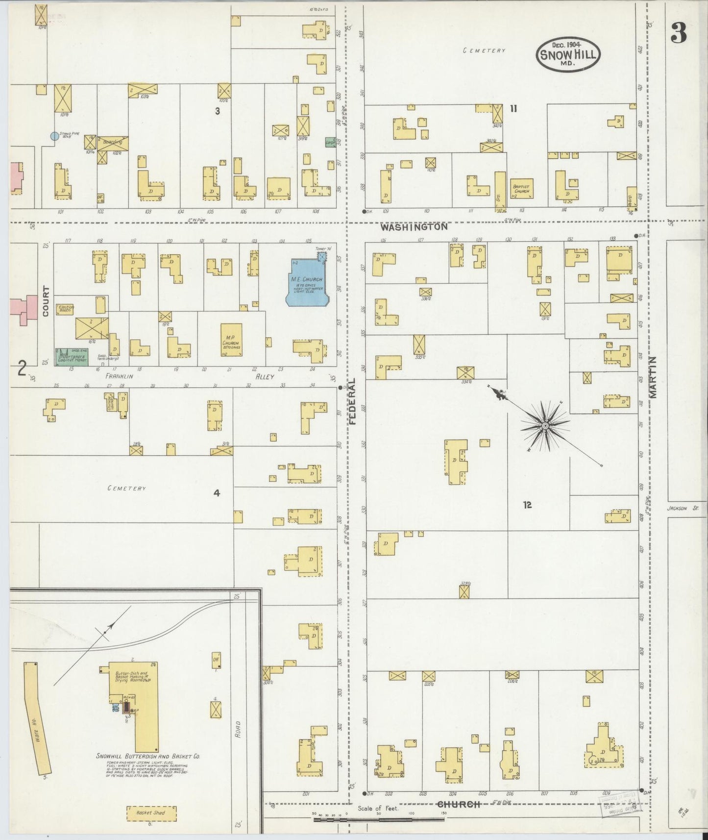 Sanborn Fire Insurance Map from Snow Hill, Worcester County, Maryland (1904), Sheet #0003 - Historic Sanborn Fire Insurance Map Print, vintage old map wall art