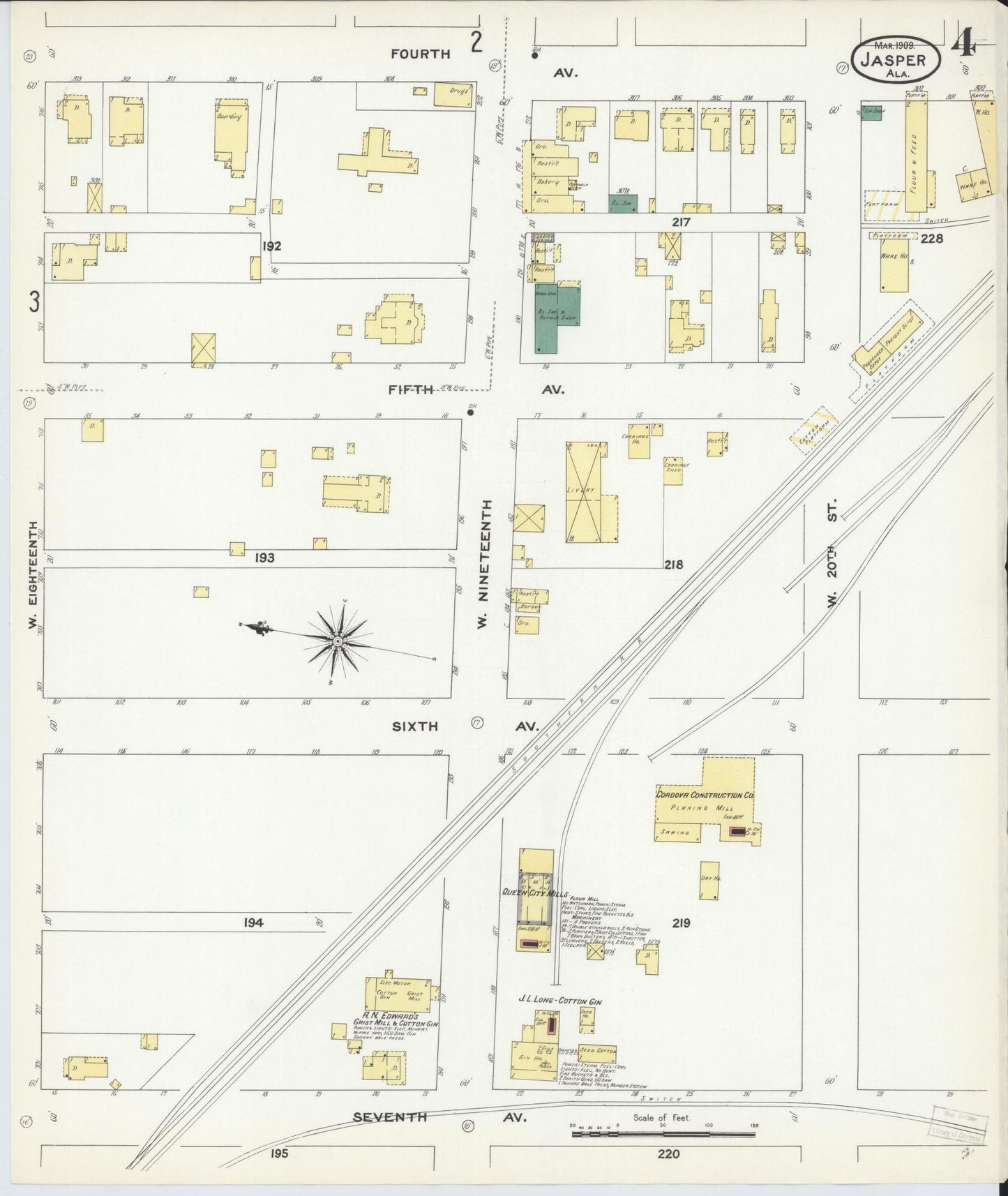 Sanborn Fire Insurance Map from Jasper, Walker County, Alabama (1909), Sheet #0004 - Complete Map Set gallery image, historic Sanborn map, vintage wall art, Alabama Alabama