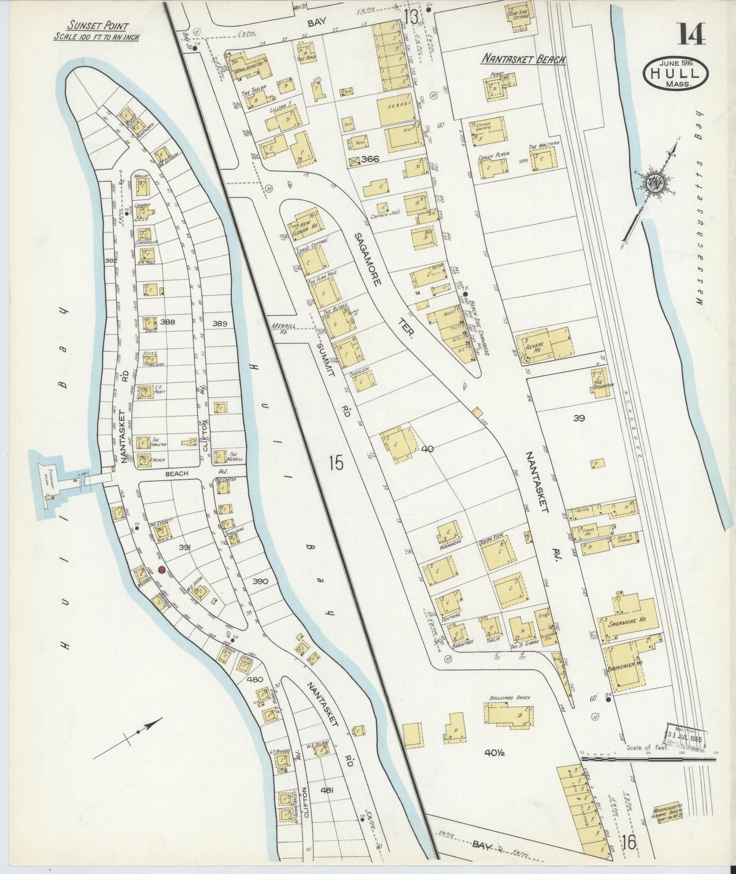 Sanborn Fire Insurance Map from Hull, Plymouth County, Massachusetts (1916), Sheet #0014 - Historic Sanborn Fire Insurance Map Print, vintage old map wall art, antique decor, genealogy gift, Massachusetts Massachusetts map