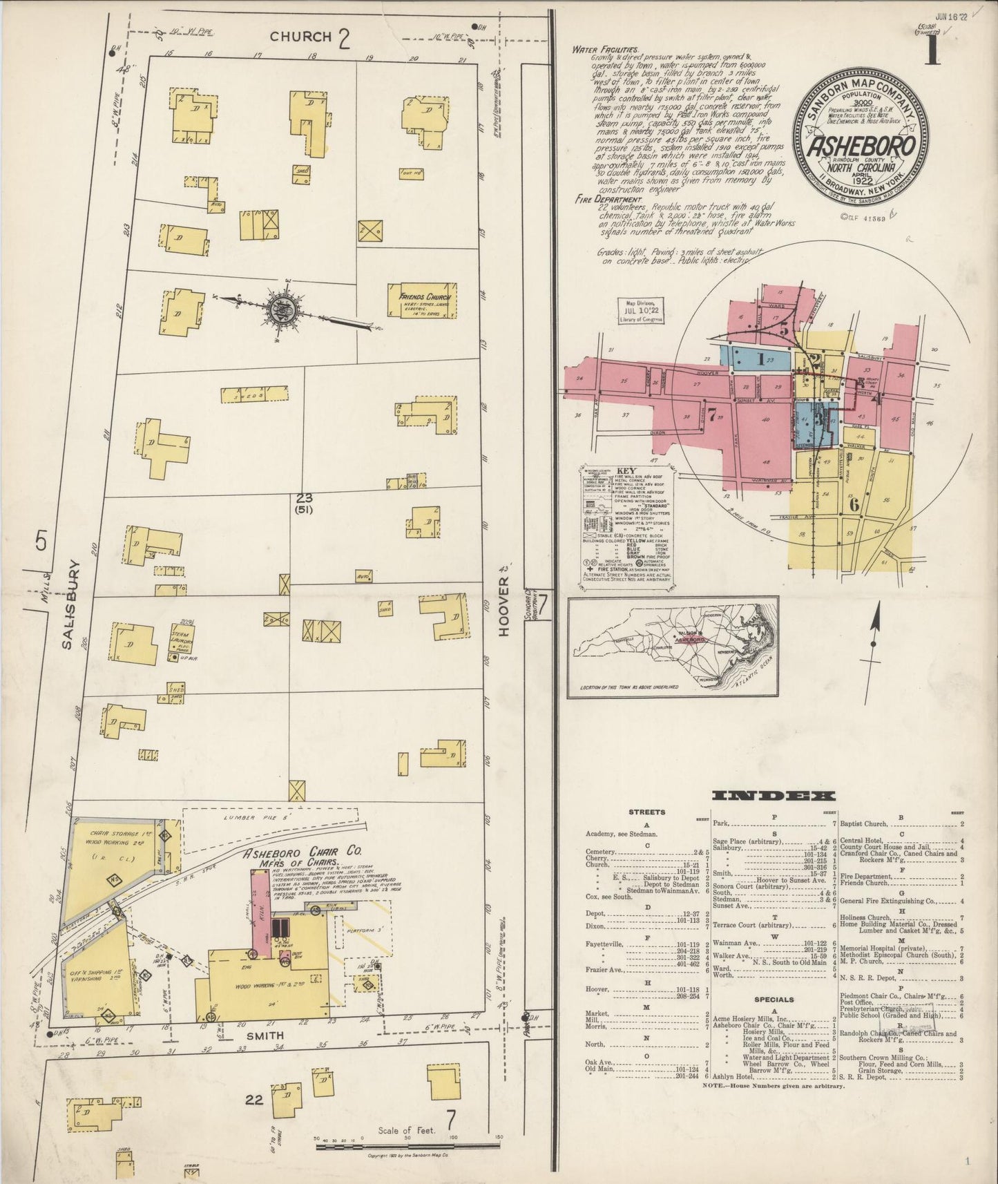 Sanborn Fire Insurance Map from Asheboro, Randolph County, North Carolina (1922), Sheet #0001 - Historic Sanborn Fire Insurance Map Print, vintage old map wall art, antique decor, genealogy gift, North Carolina North Carolina map