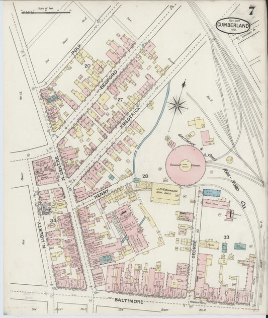 Allegany, Maryland - 1887 - Sanborn Fire Insurance Map, Sheet #0007 - Historic Sanborn Fire Insurance Map Print, Allegany Maryland 1887 0007 vintage old map wall art
