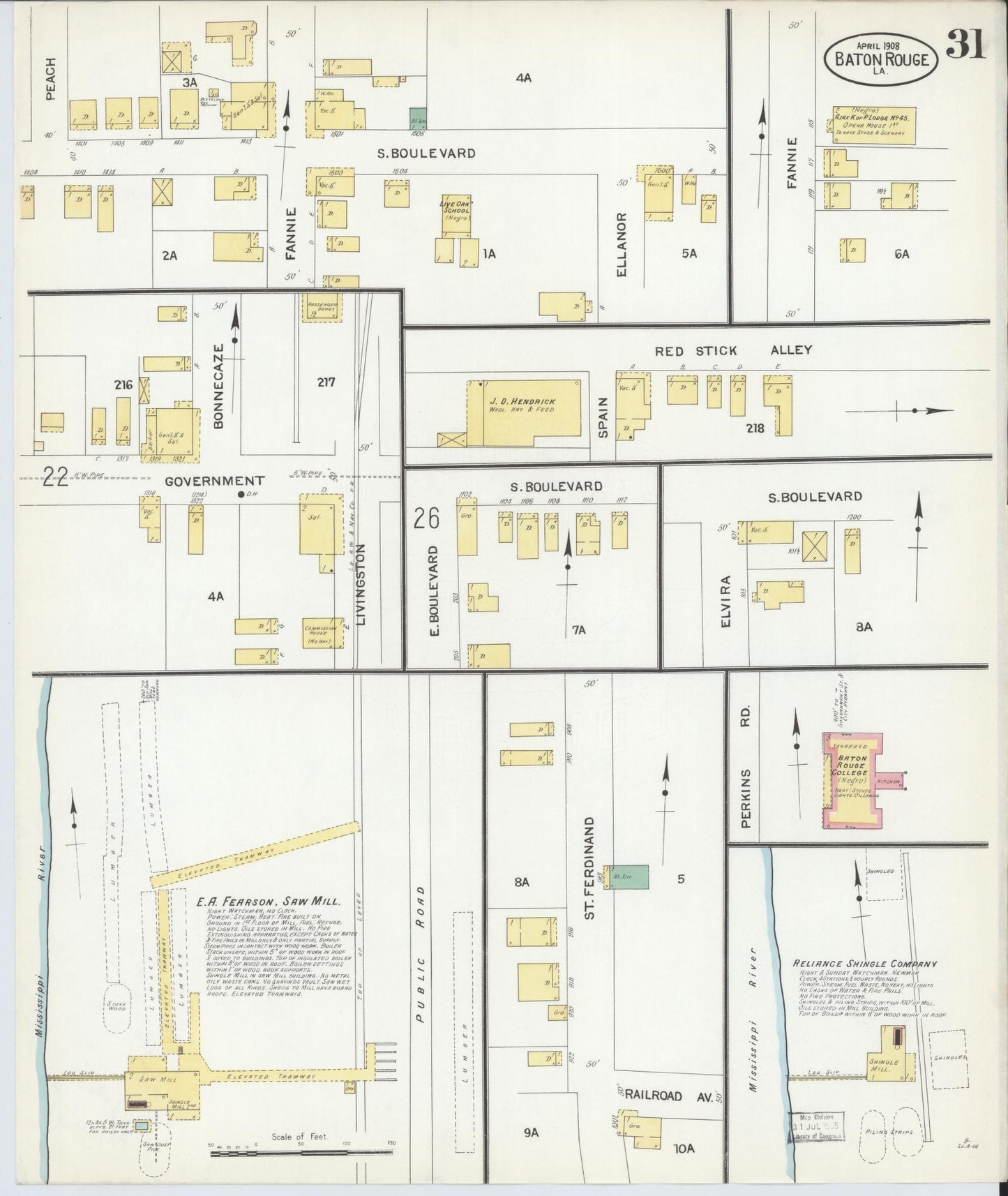 Sanborn Fire Insurance Map from Baton Rouge, East Baton Rouge Parish, Louisiana (1908), Sheet #0031 - Complete Map Set gallery image, historic Sanborn map, vintage wall art, Louisiana Louisiana