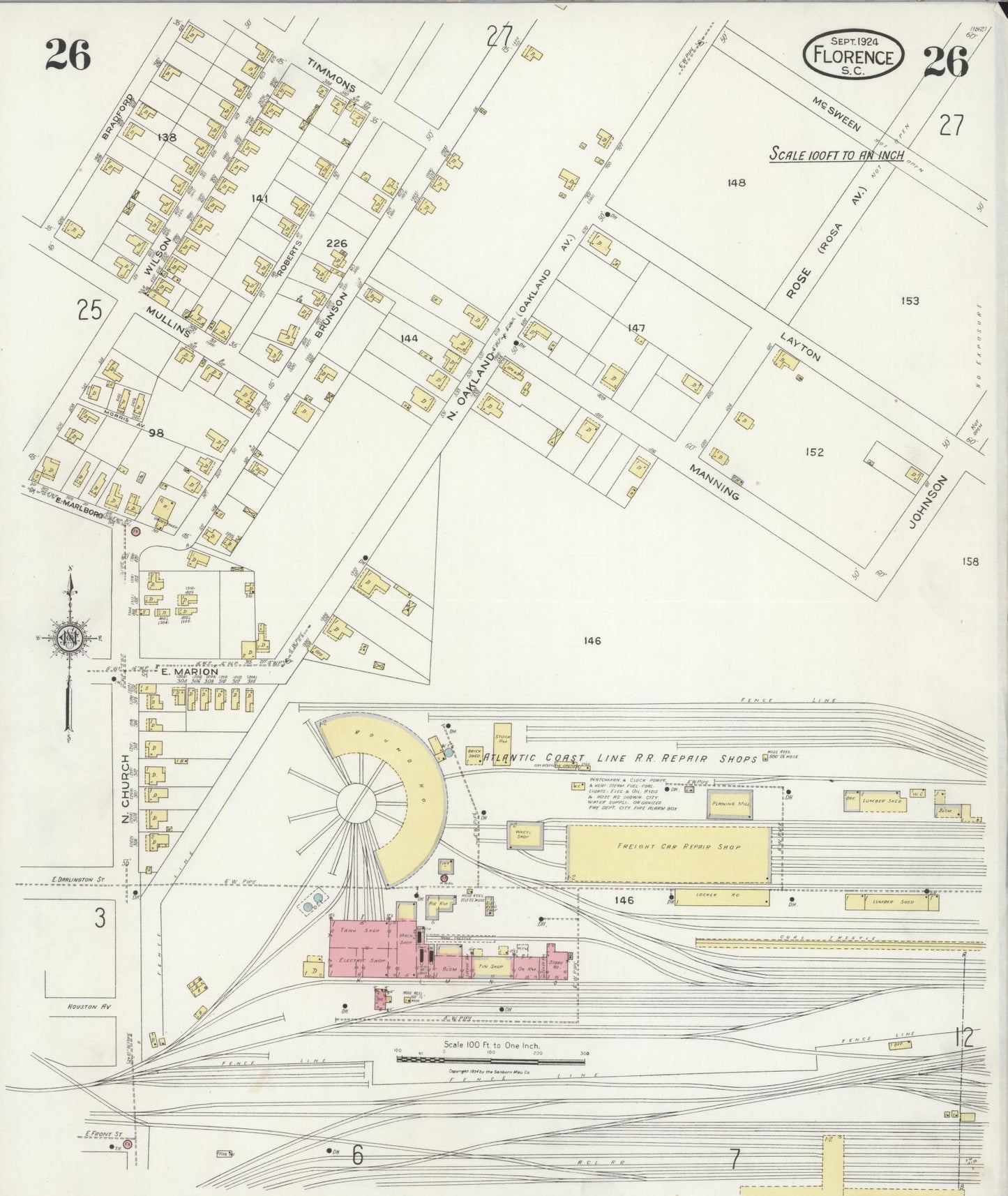 Sanborn Fire Insurance Map from Florence, Florence County, South Carolina (1924), Sheet #0026 - Historic Sanborn Fire Insurance Map Print, vintage old map wall art, antique decor, genealogy gift, South Carolina South Carolina map